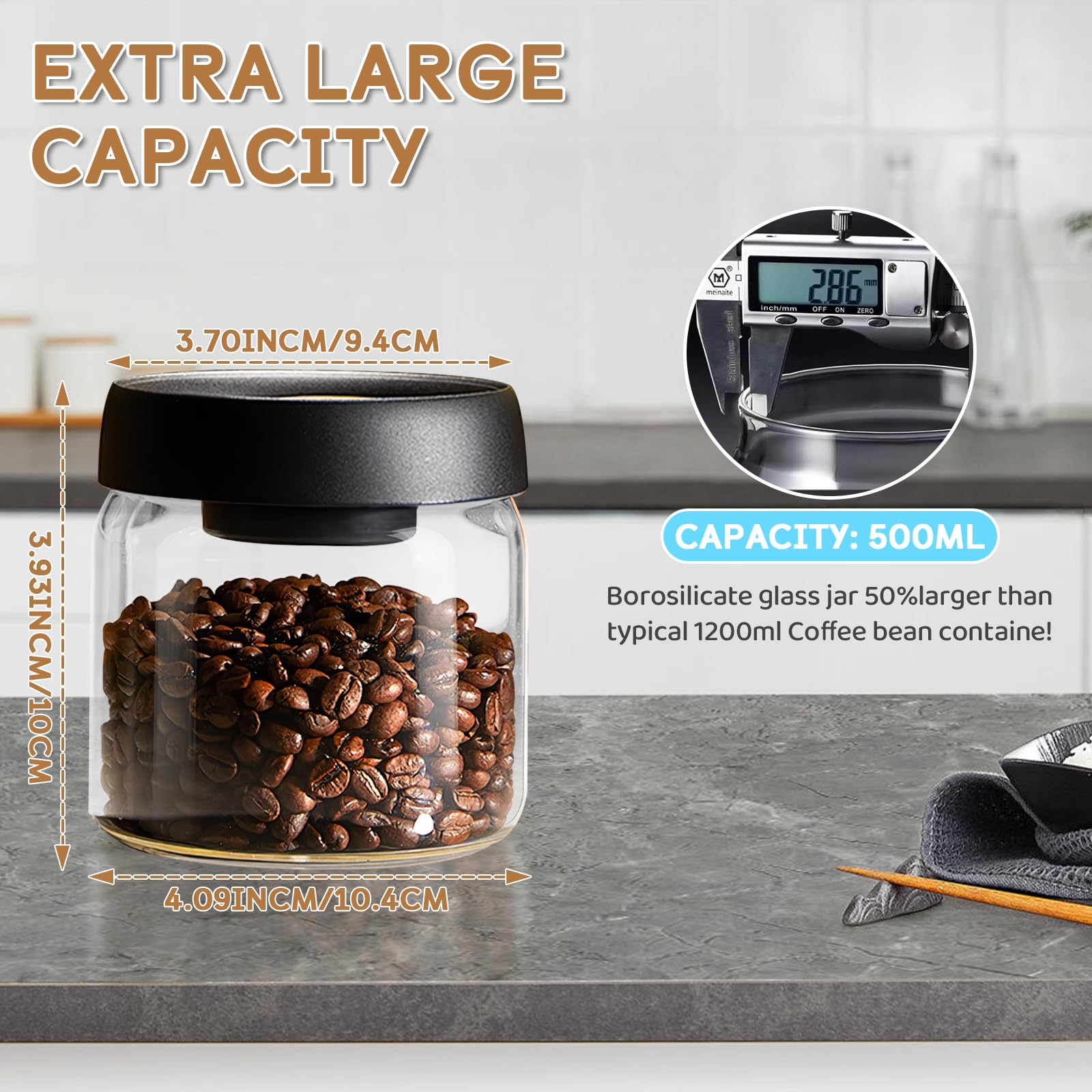 17.6oz Vacuum Coffee Jar - Borosilicate Glass Canister with ABS Lid for Coffee & Spices Storage