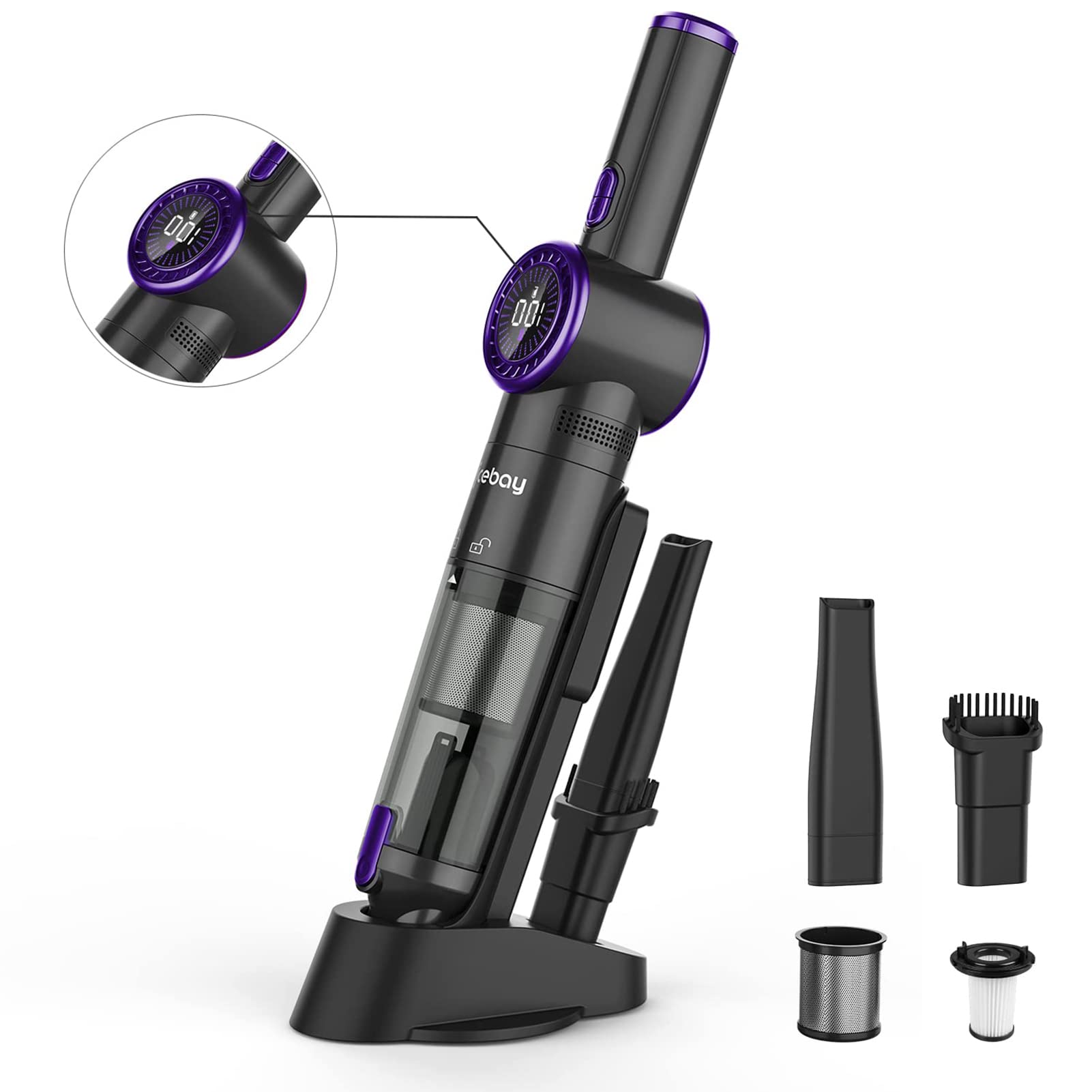 Nicebay Cordless Handheld Vacuum Cleaner - 15KPA Powerful Suction, LED Display, Fast Charging Dock | Rechargeable Portable Vacuum for Home, Car, Pet Hair | Perfect for Quick Cleanups, Car Detailing & Pet Grooming