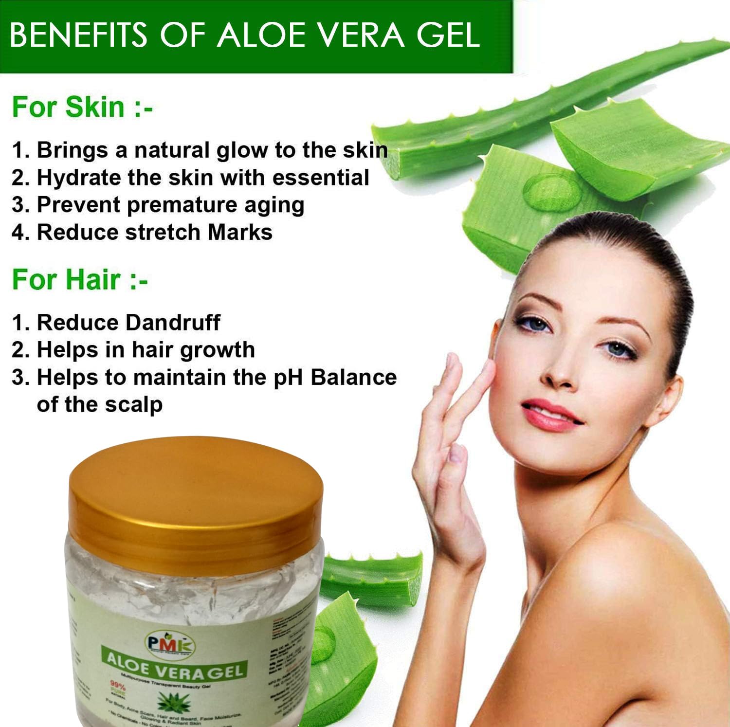 PMK 100% Pure Natural Aloe Vera Gel for Face, Skin, Hair & Beard Care - Hydrating Moisturizer for Dry Skin, Acne Scars & Sunburn Relief - Multipurpose Beauty Gel for Daily Skincare Routine (8.8oz/250g)