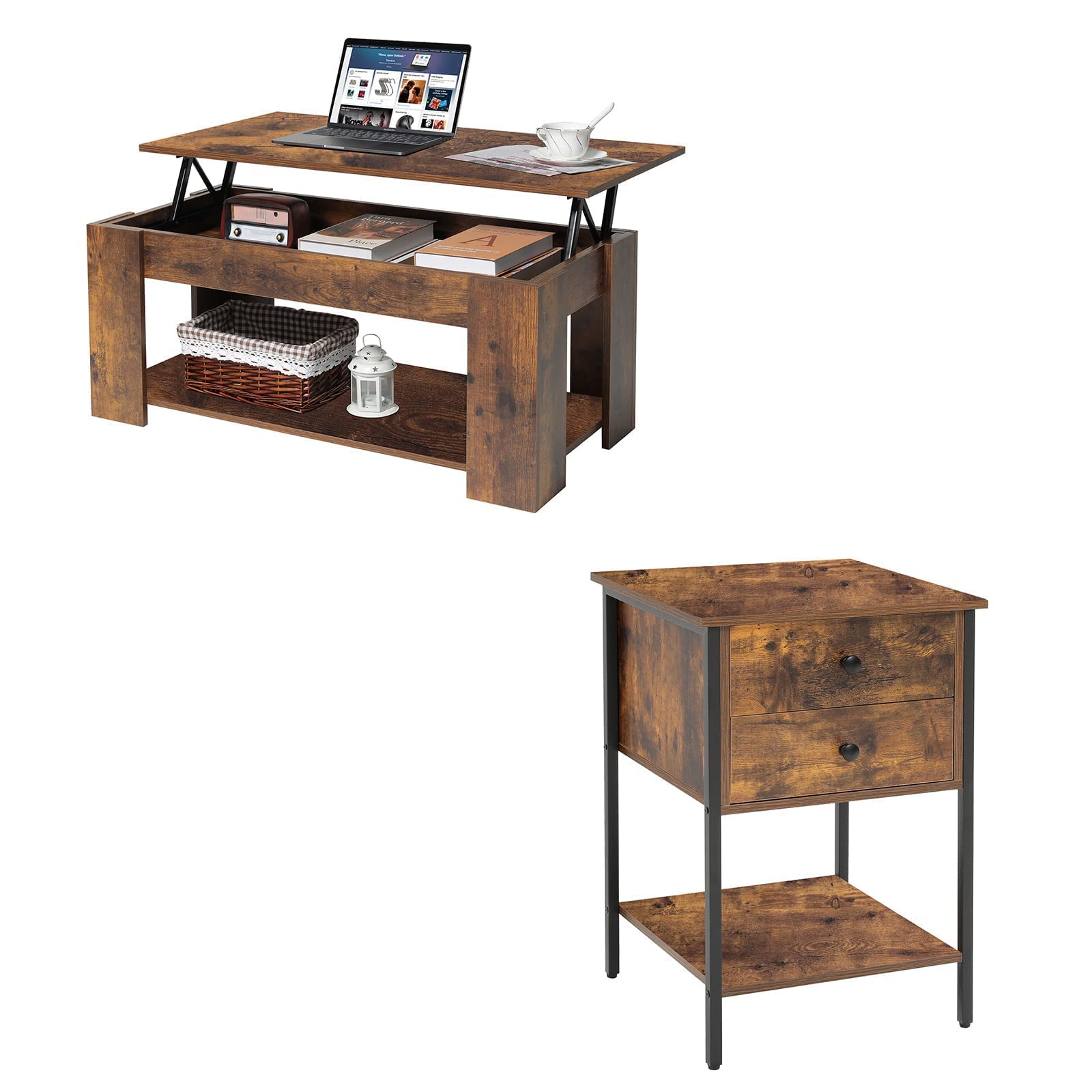 WEENFON Lift Top Coffee Table with Hidden Storage & 2 Drawers - Rustic Brown Wooden Lift Table Top, Industrial End Table with Open Shelves - Perfect for Living Room, Bedroom, or Office Use