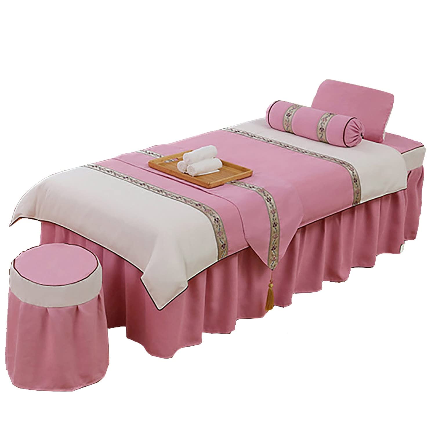 Professional Beauty Salon Spa Massage Table Sheet Set - 4 Piece Bedding Kit with Facial Hole, Bed Skirt & Stool Cover - 70x185cm Round Head Pink Linen - Perfect for Facial Treatments, Massage Therapy & Spa Services
