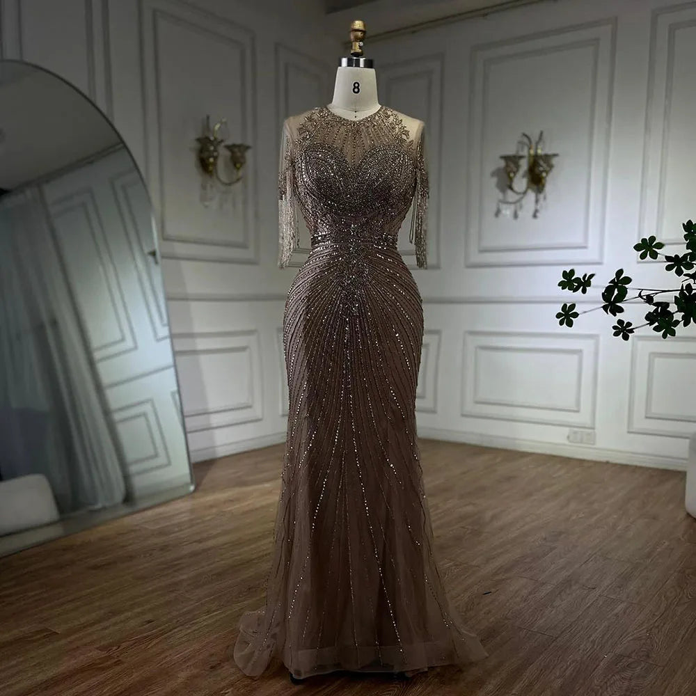 Luxury Dubai Arabic Caramel Tassel Mermaid Beaded Evening Gown for Women - Wedding, Party & Special Occasion Dresses 2025 | Elegant Formal Wear for Brides, Prom & Red Carpet Events