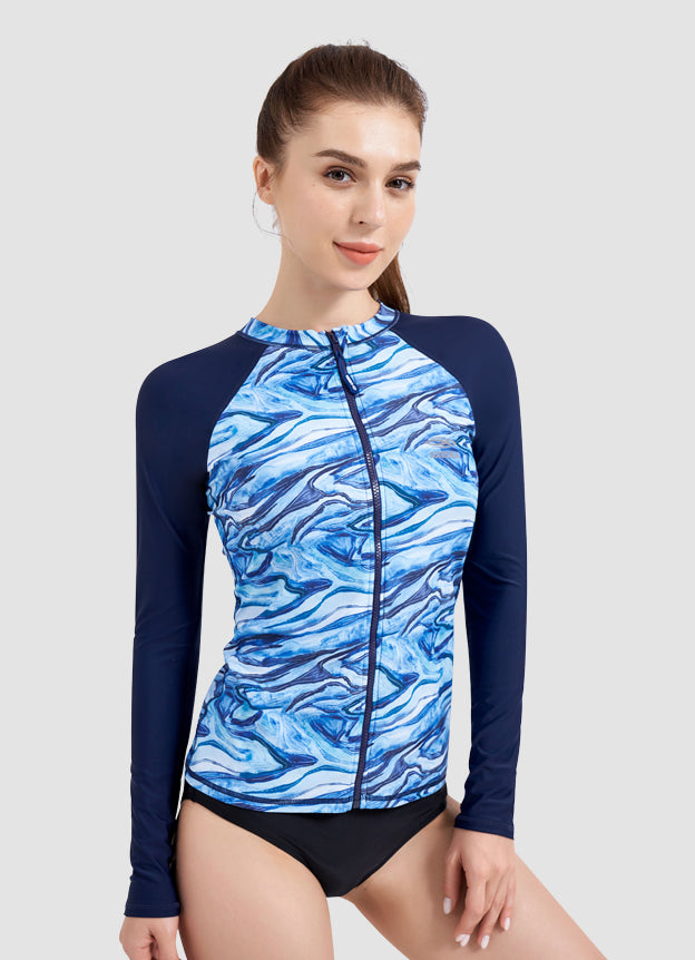 UPF 50+ Marbling Print Long Sleeve Zip-Up Rash Guard for Men Women - Sun Protection Swim Shirt for Surfing, Swimming & Outdoor Water Sports