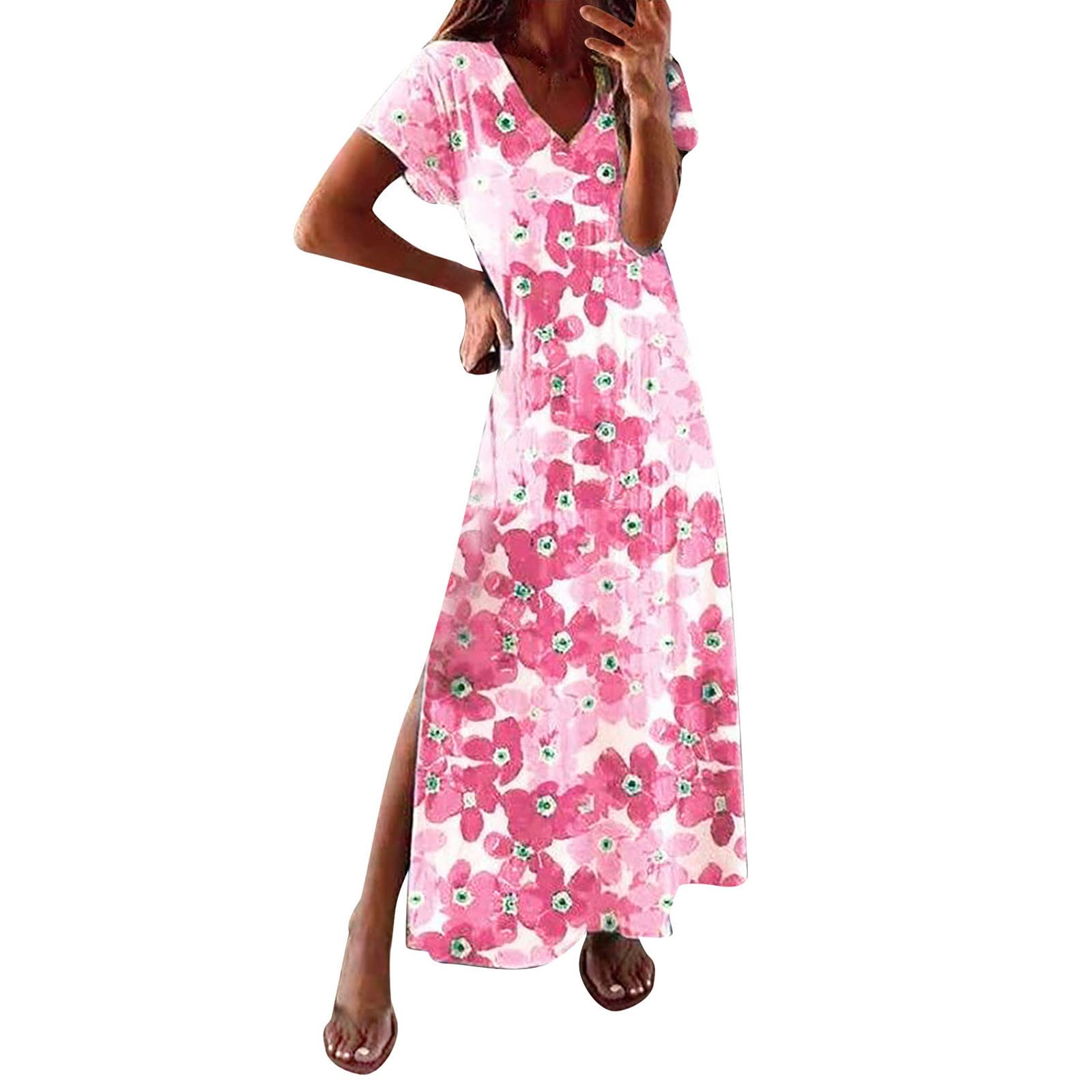 Women's Floral Print Casual Summer Dress - Loose Fit Short Sleeve with Side Slit | Perfect for Beach Vacations, Brunch Dates & Summer Outings