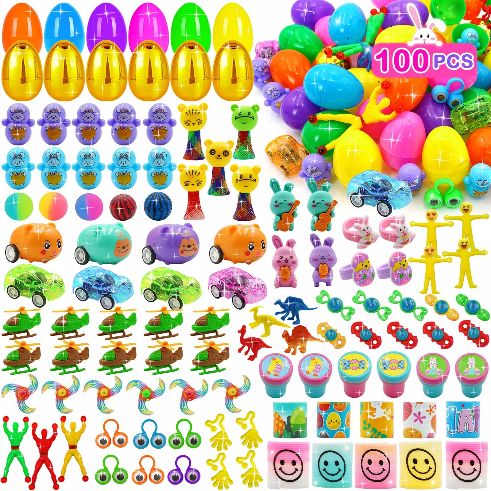 6 Surprise Golden Eggs - 100 PCS Easter Prefilled Plastic Eggs with Assorted Toys for Kids, Toddlers, Boys & Girls - Perfect for Easter Basket Stuffers, Party Favors, Egg Hunts & Classroom Rewards