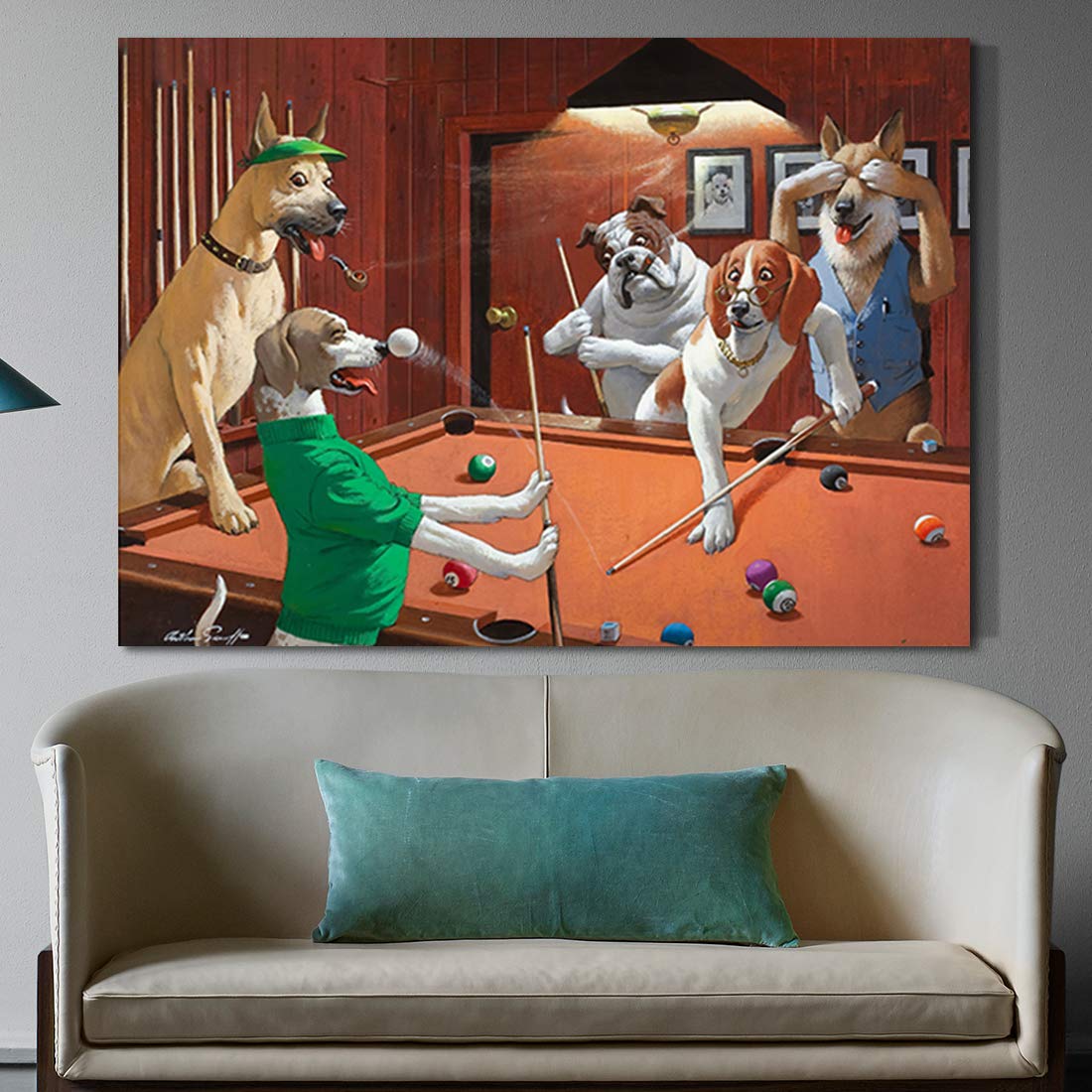 Denozer Dogs Playing Billiards Canvas Wall Art - Premium Giclee Print Gallery Wrapped Modern Home Decor - 48x36 Inches Ready to Hang - Perfect for Living Room, Bedroom & Office Decor