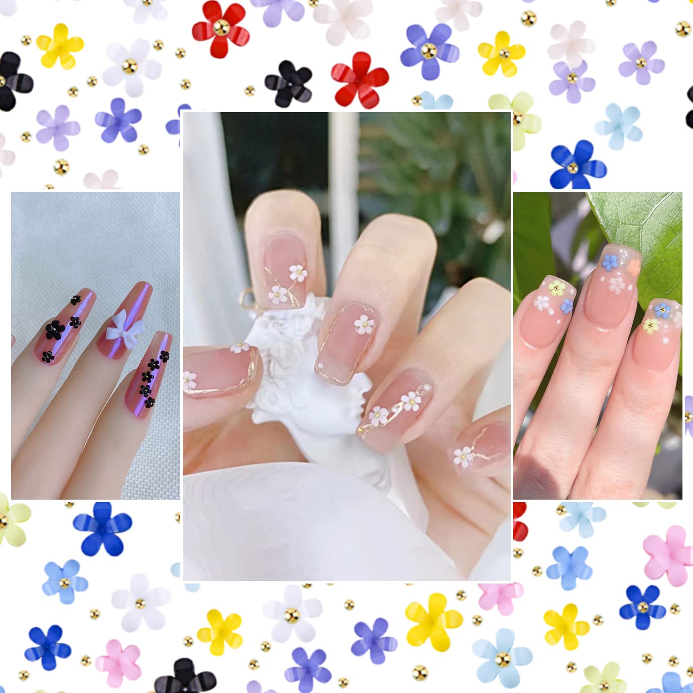 WXJ13 2 Boxes 3D Flower Nail Charms with Rhinestones & Metal Caviar Beads - Acrylic Nail Art Decorations for DIY Manicure, Wedding, Party & Salon Nail Designs
