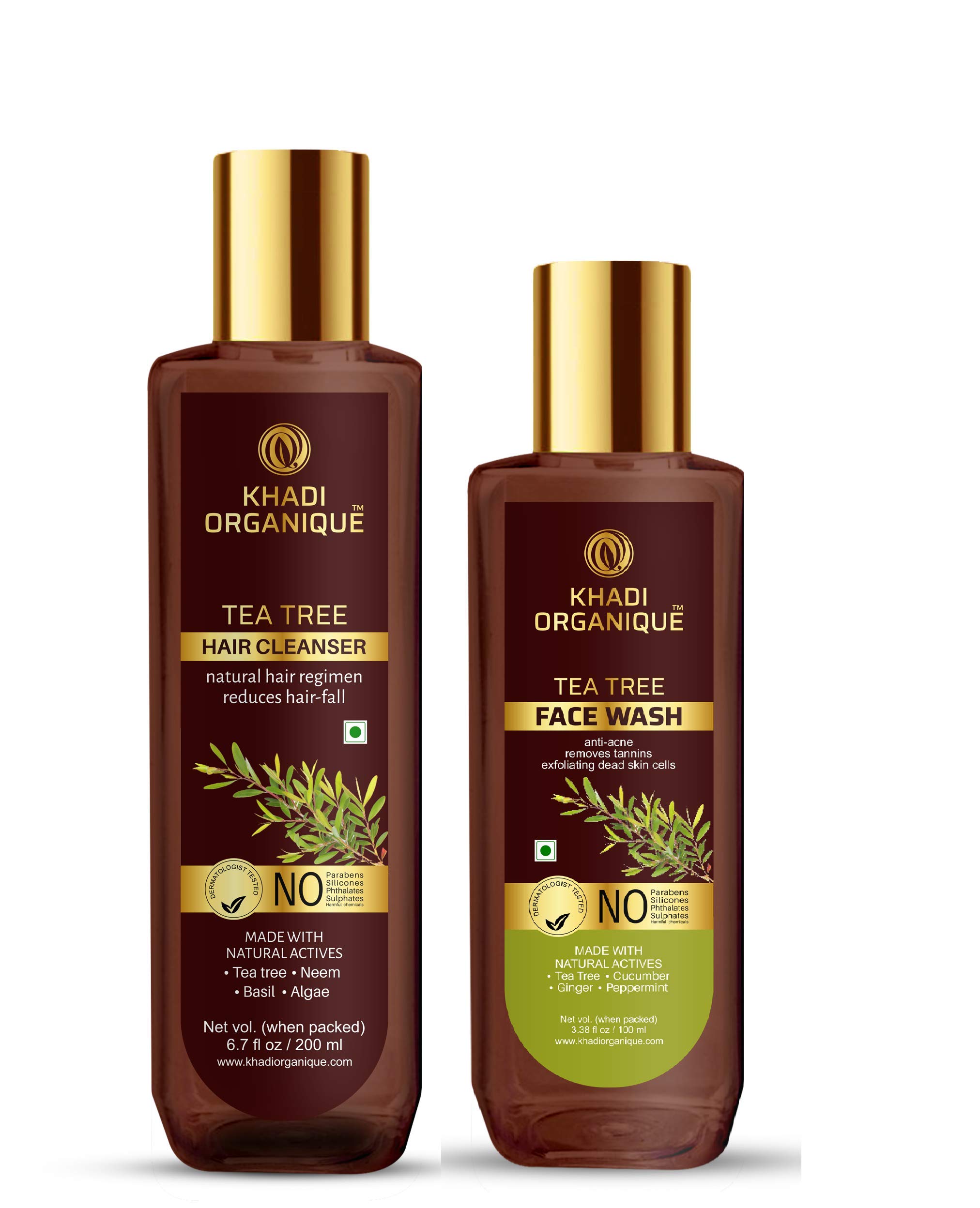 Khadi Organique Anti Dandruff & Acne Treatment Kit - Tea Tree Hair Shampoo 200ml + Tea Tree Face Wash 100ml (2-Pack) for Scalp Care & Clear Skin | Natural Ayurvedic Solution for Oily Scalp & Acne-Prone Skin