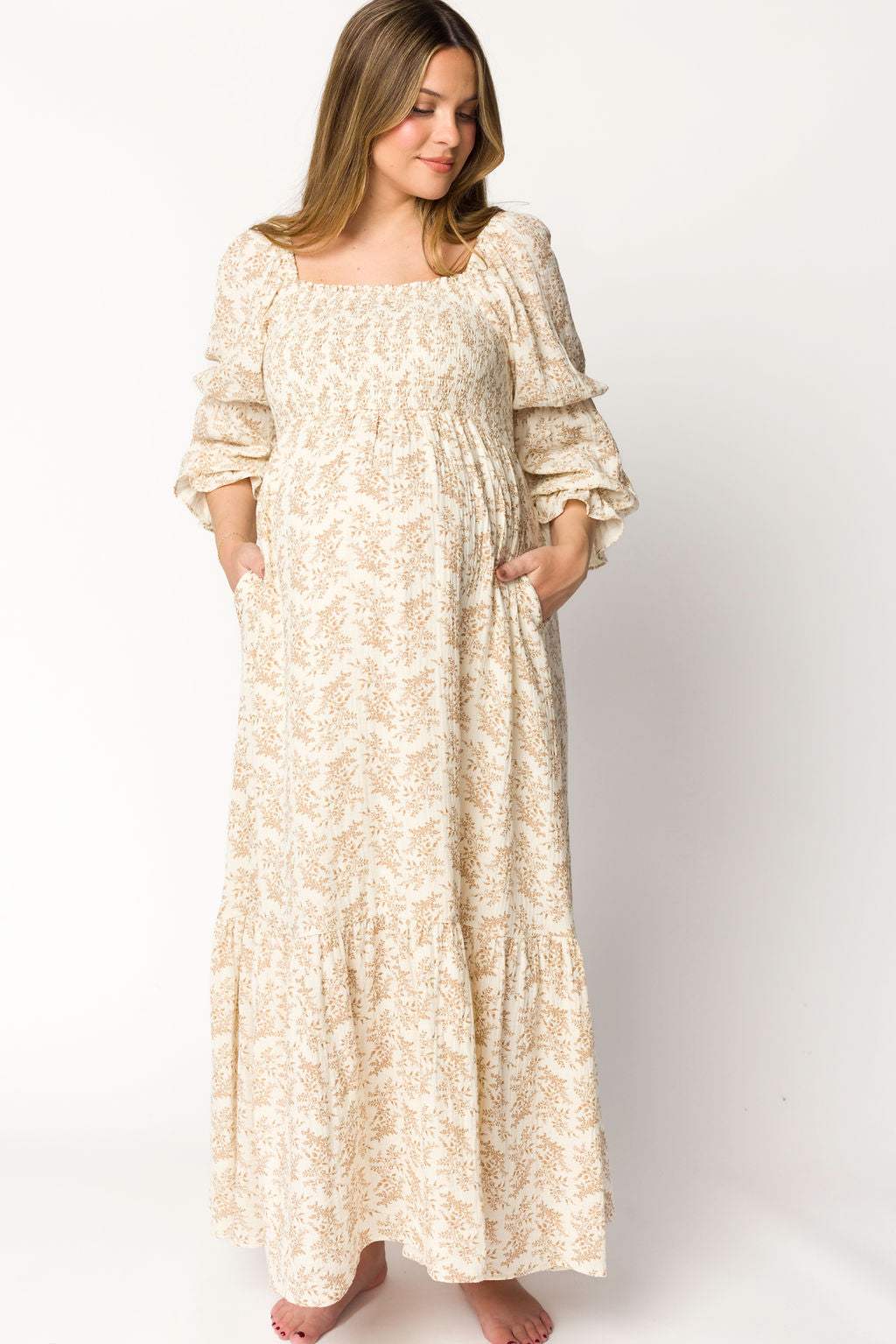 Emerson 100% Cotton Gauze Maxi Dress - Natural/Tan Floral Print, Bump Friendly Maternity Dress for Women | Boho Summer Beach Dress, Pregnancy Photoshoot, Casual Outfit