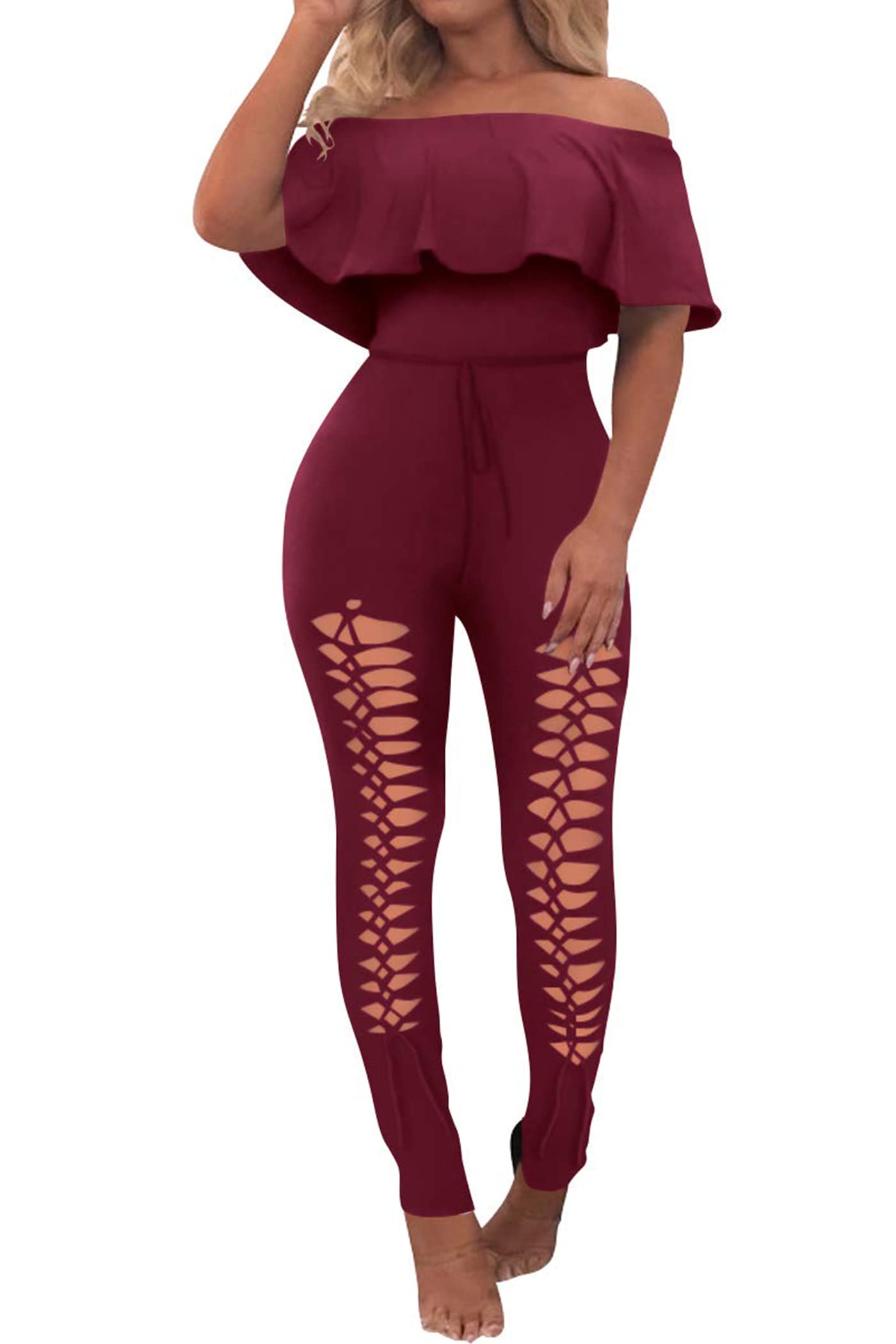 PRETTYGARDEN Women's Sexy Off Shoulder Bodycon Jumpsuit - Summer Ruffle Sleeve Hollow Out Romper for Club, Party & Date Night Outfits | Trendy Casual Dress