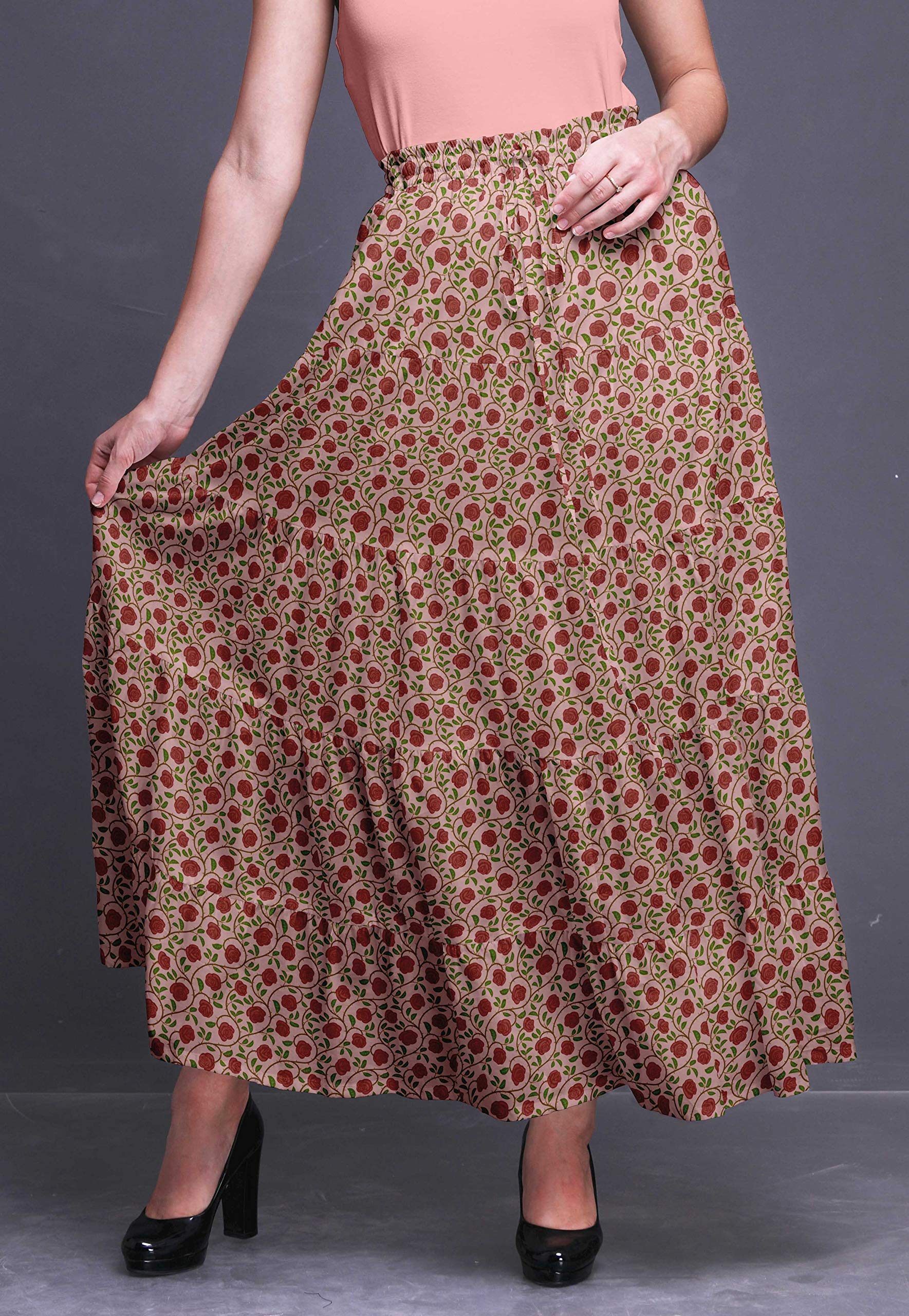 Boho Printed Maxi Skirts for Women - 5-Tier Long Cotton Skirt with Floral Design - Perfect for Summer, Beach, and Casual Outfits