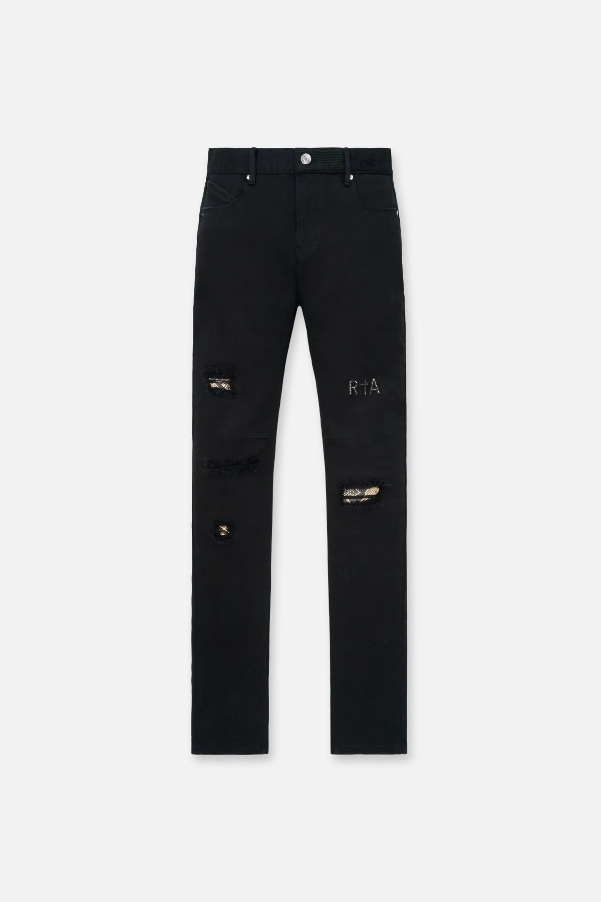 RTA Bryant Skinny Jeans for Women - Black Distressed Denim Pants with Snake Print | High Waist Slim Fit Stretch Jeans for Casual Wear and Night Out