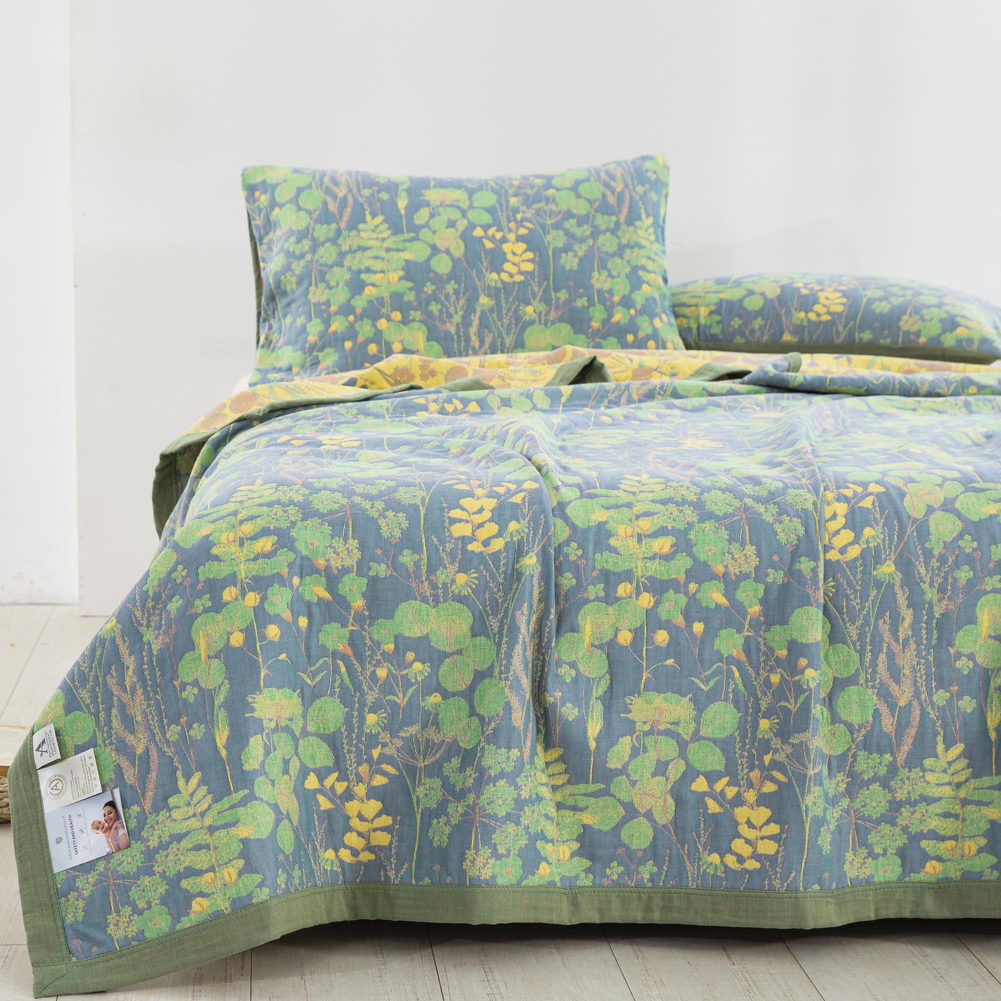 Premium 100% Cotton Muslin Pillow Shams Set of 2 - Jacquard Floral Botanical Print Pillow Covers, Soft 3-Layer Gauzy Reversible Pillow Protectors (20