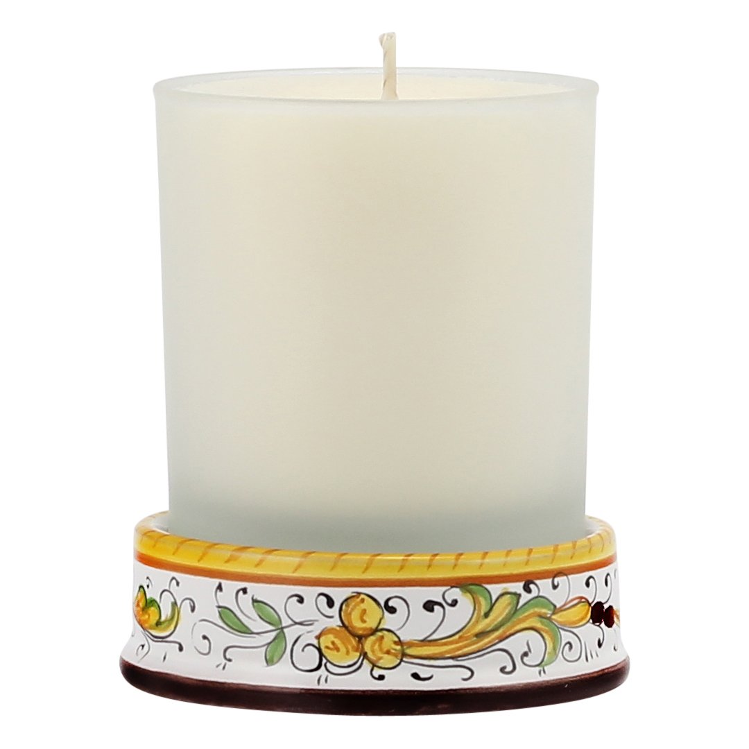 DERUTA CANDLES: Frosted Glass Scented Candle with Hand-Painted Deruta Ceramic Base - PERUGINO Design in Venetian Lavender Fragrance | Home Decor, Wedding Centerpiece, Spa Relaxation Gift