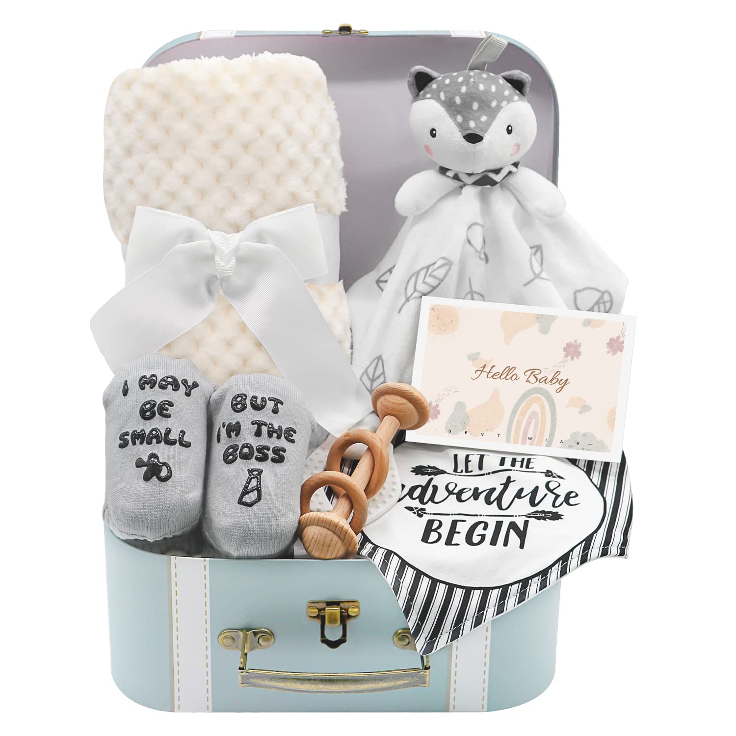 Baby Shower Gift Set for Boys - Newborn Blanket, Lovey Security Blanket, Wooden Rattle Toy, Funny Bibs & Socks with Greeting Card - Perfect Baby Boy Gift Basket for Showers, Birthdays & Welcome Home Celebrations
