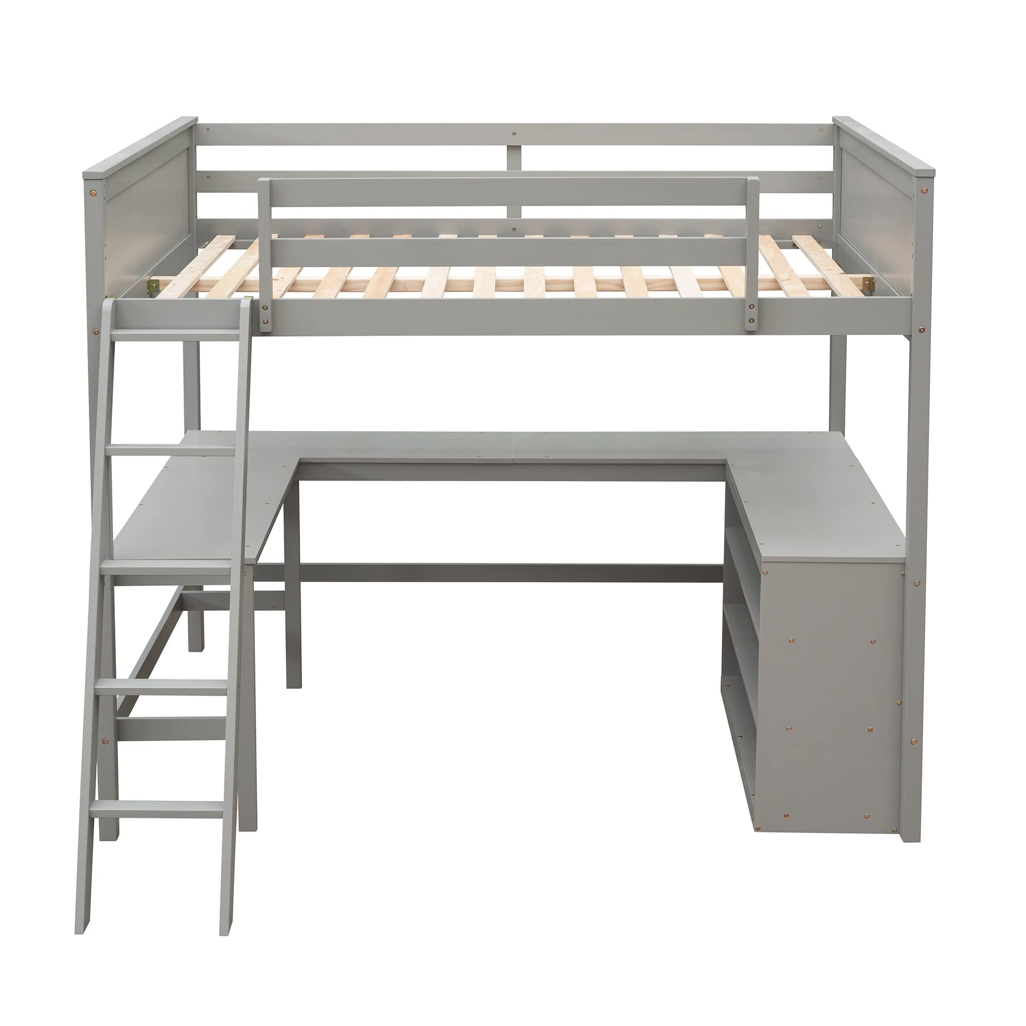 Full Size Loft Bed with Desk & Shelves - Space-Saving Wooden Bed for Kids Teens Adults - Perfect for Small Rooms & Dorms (Gray)