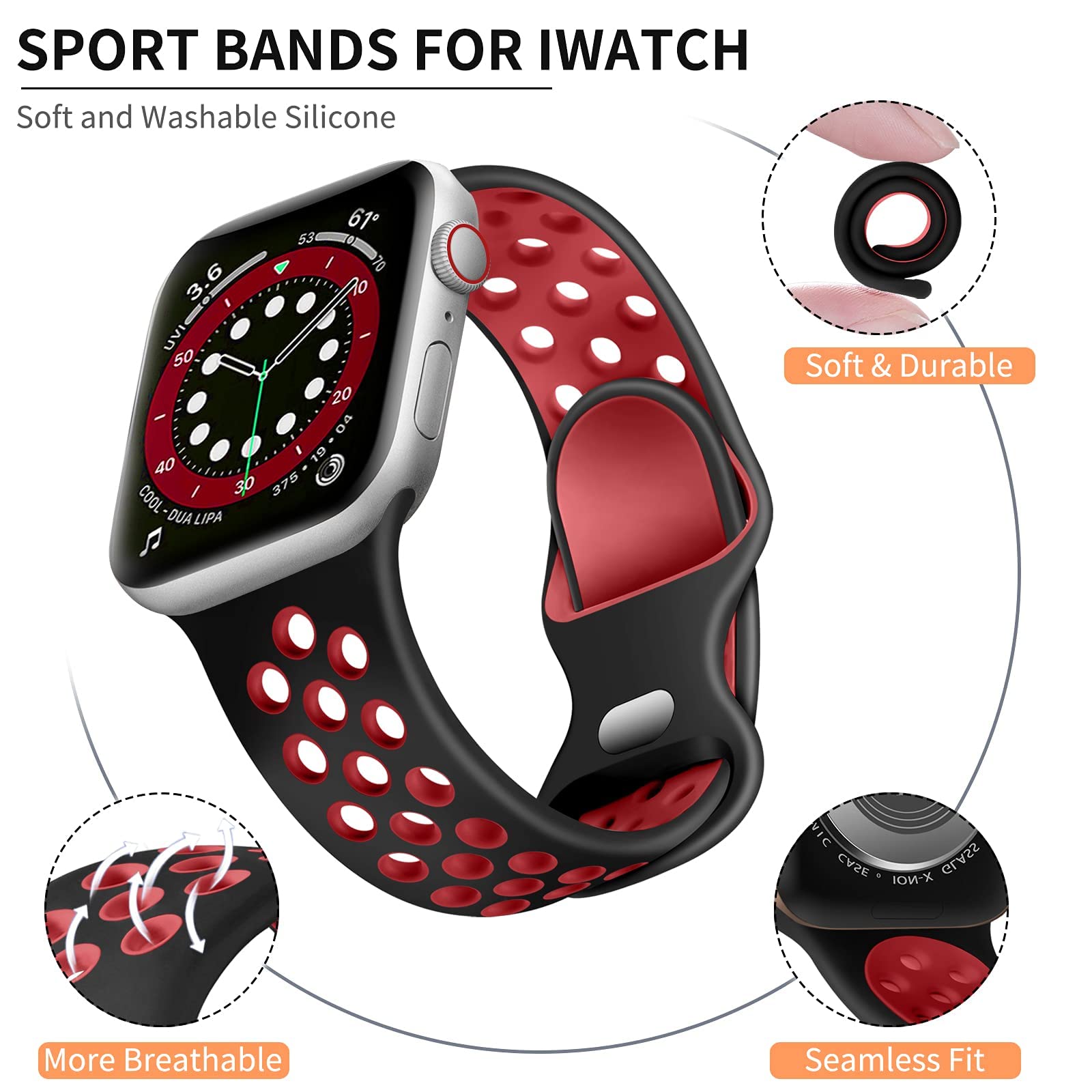 Lerobo Soft Silicone Sport Band Compatible with Apple Watch Ultra 49mm, Series 9/8/7/6/5/4/3/2/1, SE & Series 10 - Breathable & Durable Strap for Women & Men (Black, Red) - Perfect for Running, Gym & Daily Wear