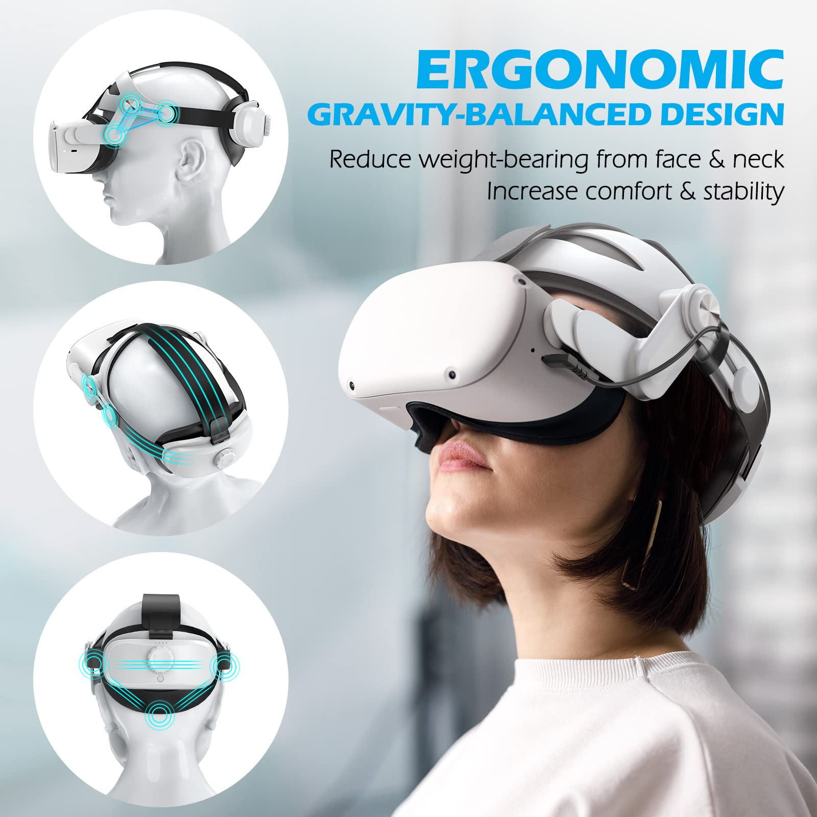 YOGES Rechargeable Battery Head Strap for Oculus Quest 2 - Adjustable VR Headset Accessory with Extended Playtime, Super Soft Foam & Skin-Friendly PU Leather (White) - Perfect for Long VR Gaming Sessions & Enhanced Comfort