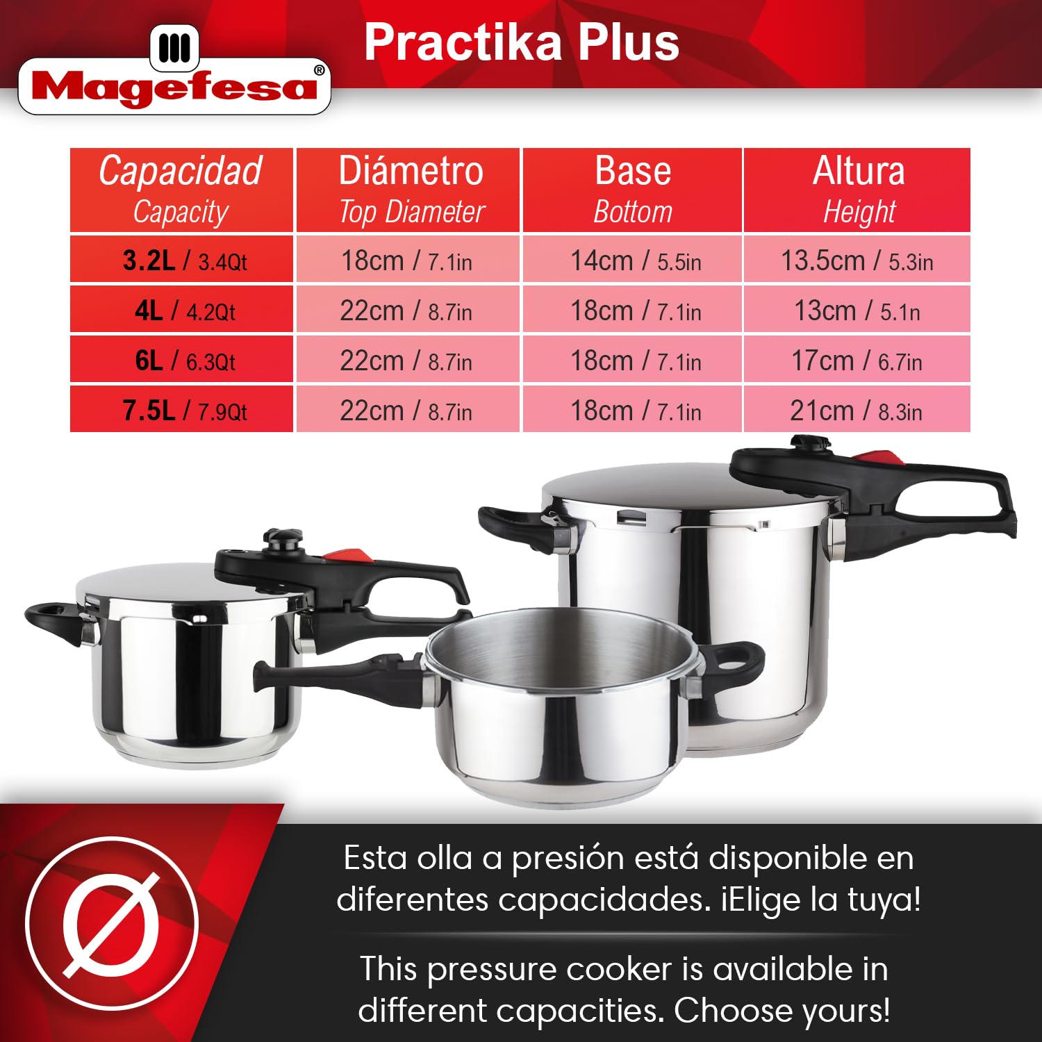 Magefesa Practika Plus 8-Quart Stainless Steel Pressure Cooker - 18/10 Induction Compatible with 5-Layer Heat Diffuser & 5 Safety Systems - Perfect for Canning, Stewing & Fast Cooking in Kitchens