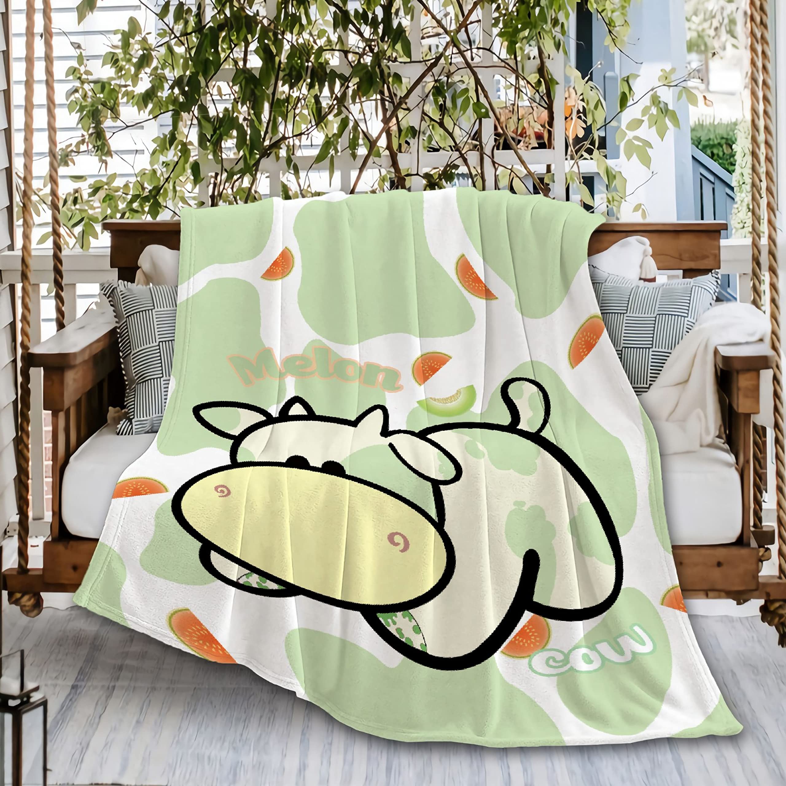 Ultra Soft Flannel Fleece Throw Blanket - Cute Melon Milk Cow Print Green & Yellow Microfiber Comforter for Couch, Bed, Outdoor - Extra Large 120x90 Inches - Perfect for Beach Picnics, Family Movie Nights & Cozy Home Decor
