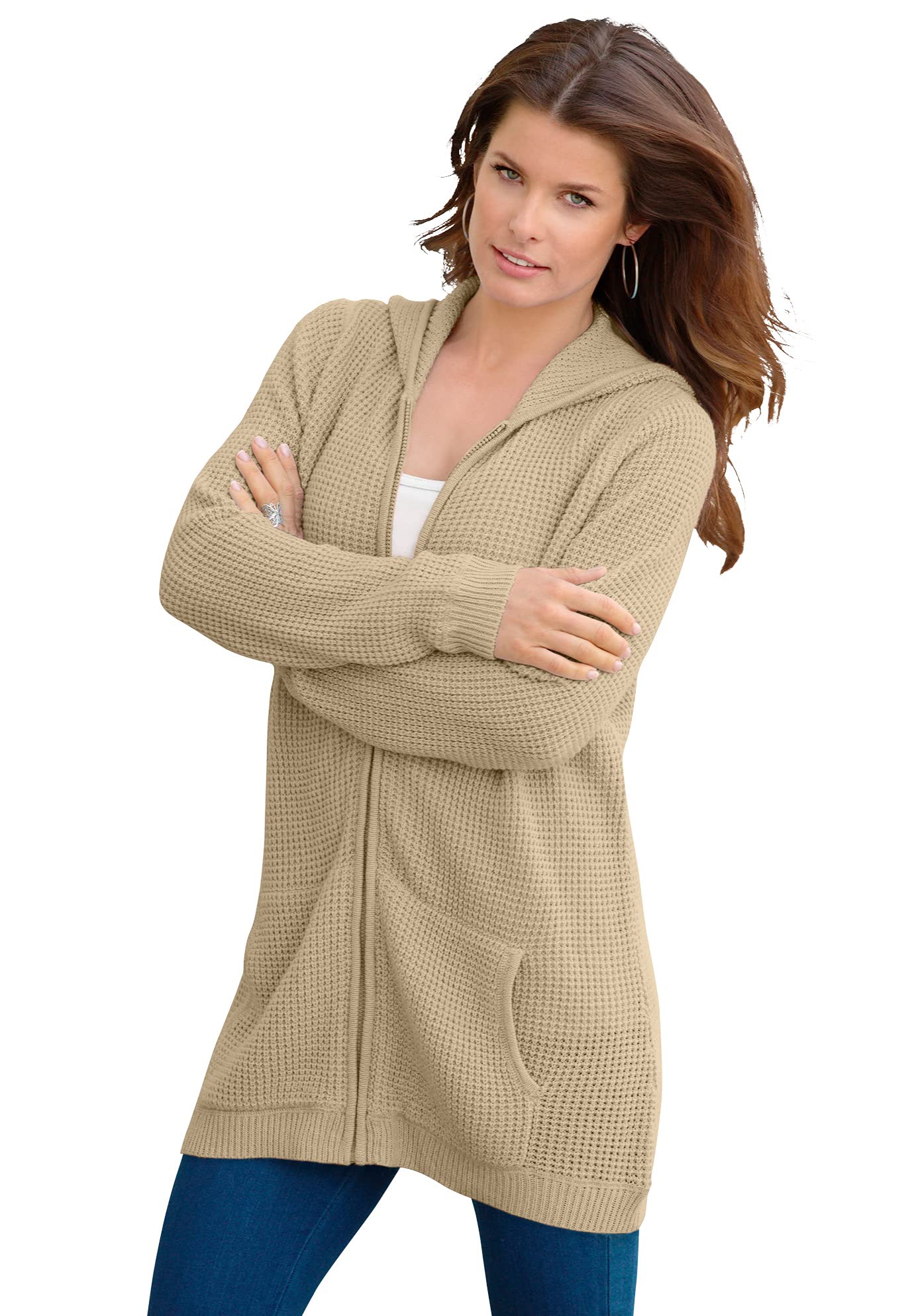 Rooman's Women's Plus Size Thermal Waffle Hoodie Cardigan - Cozy Zip Up Sweater for Winter, Fall & Layering | Warm Casual Outfit for Home, Office & Outdoor Activities