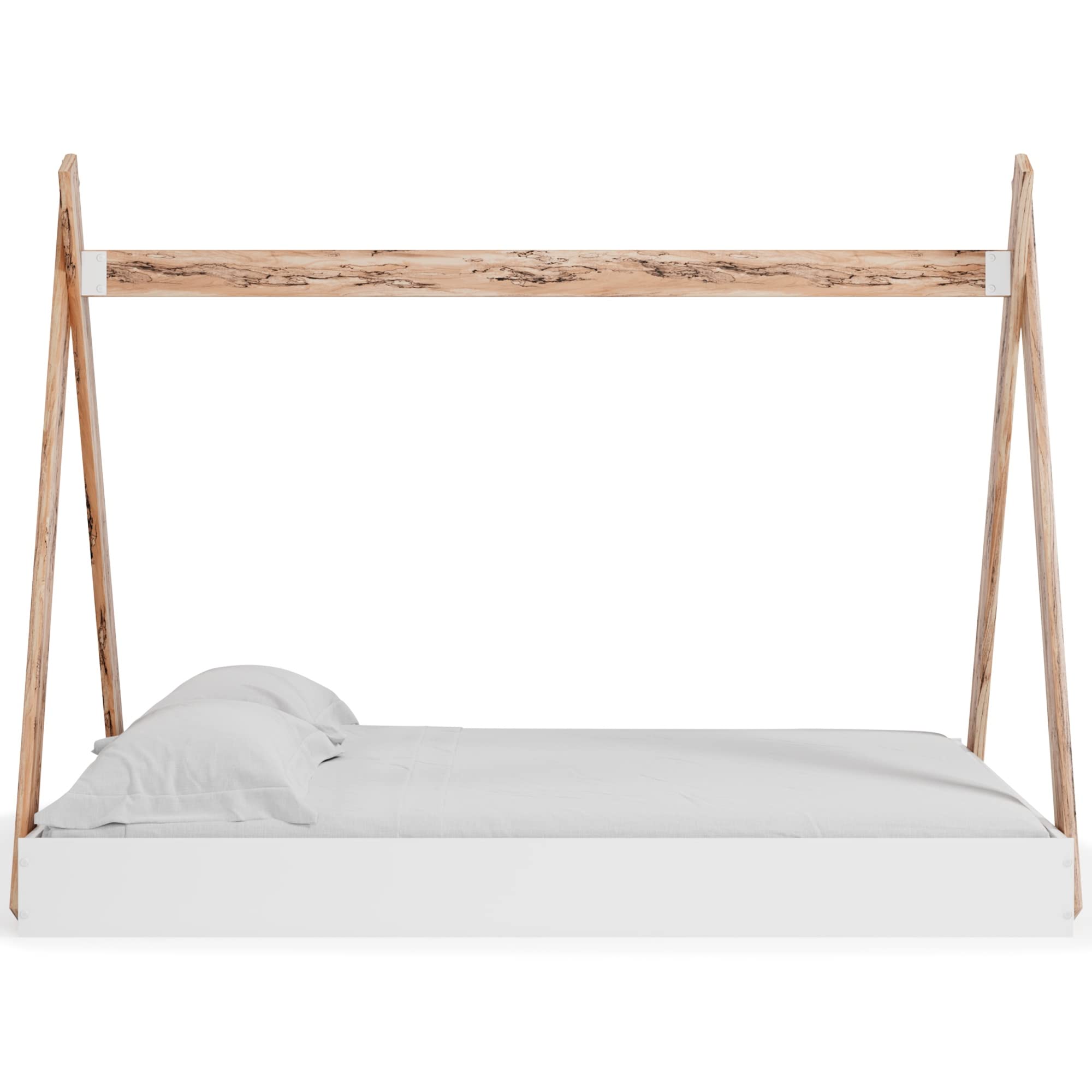 Ashley Piperton Contemporary Full Size Floor Tent Bed Frame for Kids & Toddlers - Natural Wood & White Finish - Perfect for Playrooms, Bedrooms & Sleepovers
