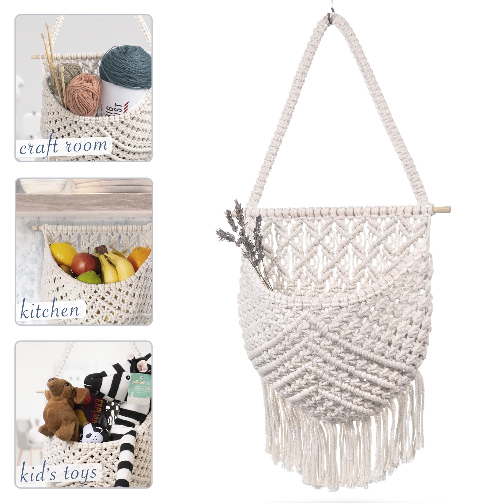 Macrame Fruit Basket - Cotton Hanging Storage for Kitchen, Under Cabinet Organizer - Boho Wall Decor for Fruits & Vegetables - Space Saving Countertop Solution - Perfect for Small Kitchens & Pantry Organization