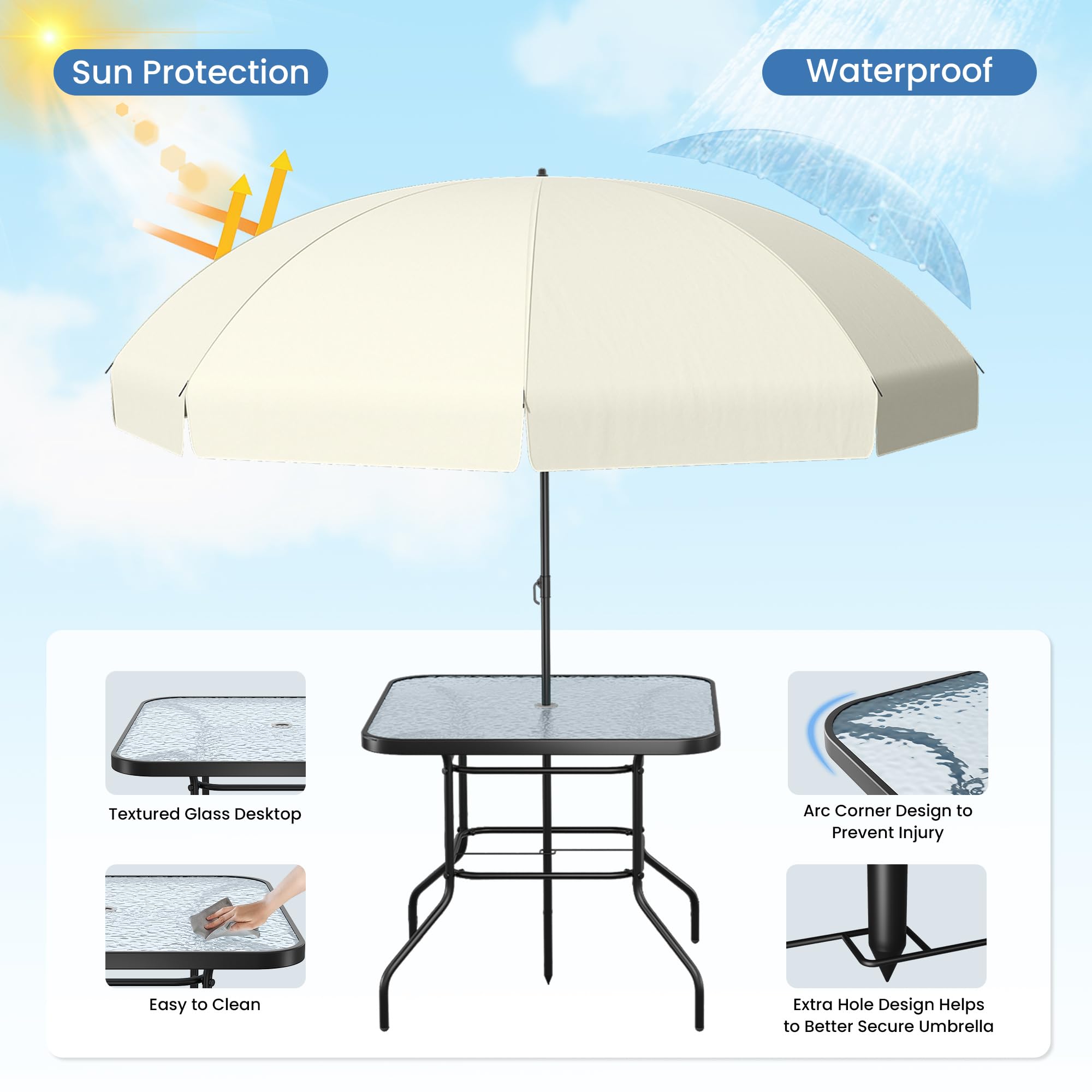 **UDPATIO 6-Piece Outdoor Patio Dining Set with Umbrella - 4 Folding Chairs & Tempered Glass Table - Perfect for Deck, Backyard, Poolside, Lawn, Garden or BBQ Parties (Brown)**