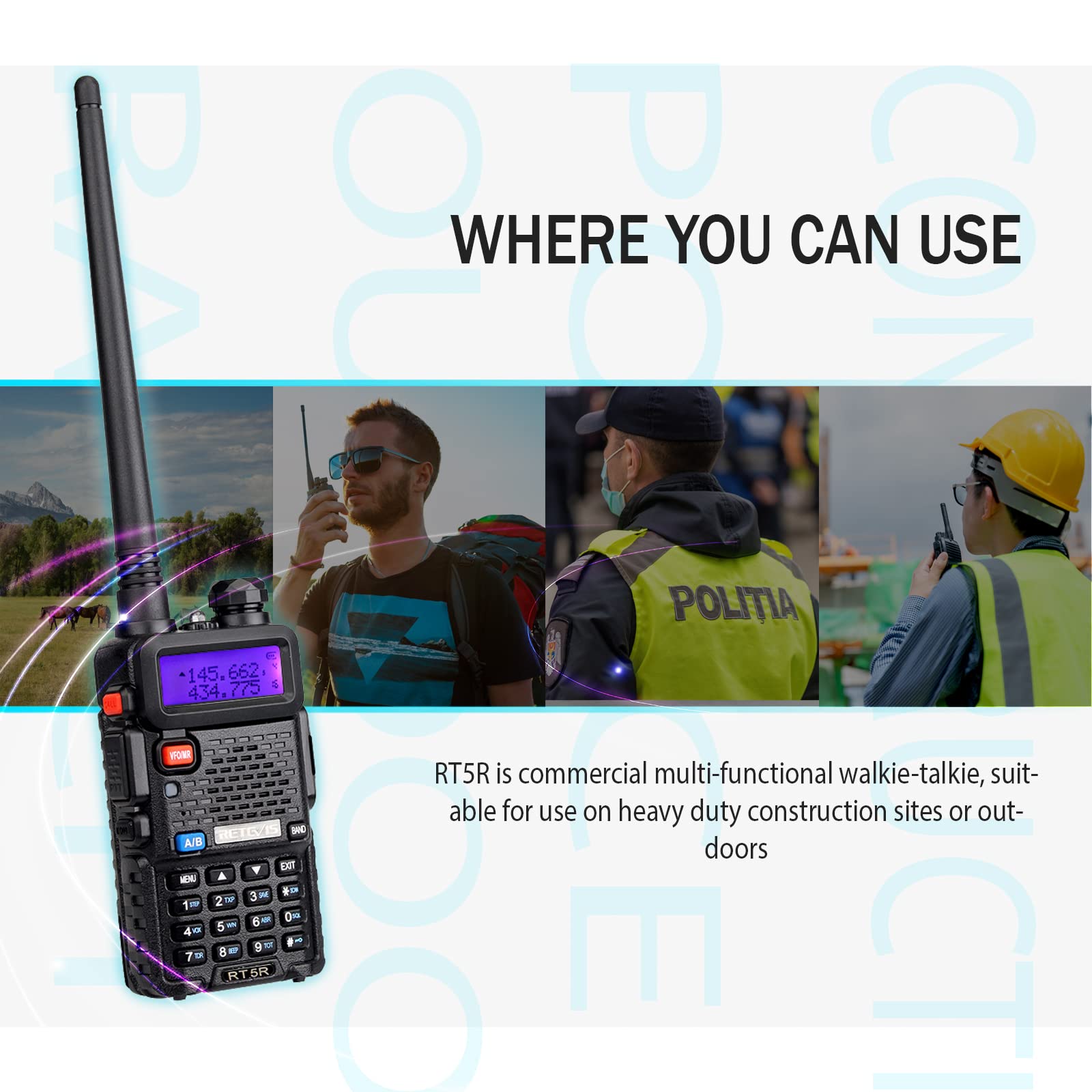 Retevis RT-5R Dual Band Two Way Radio Walkie Talkies for Adults - 4 Pack with Speaker Mic, 1400mAh Rechargeable Battery, Flashlight & SOS Alarm - Ideal for Outdoor Adventures, Hiking, Camping and Emergency Communication