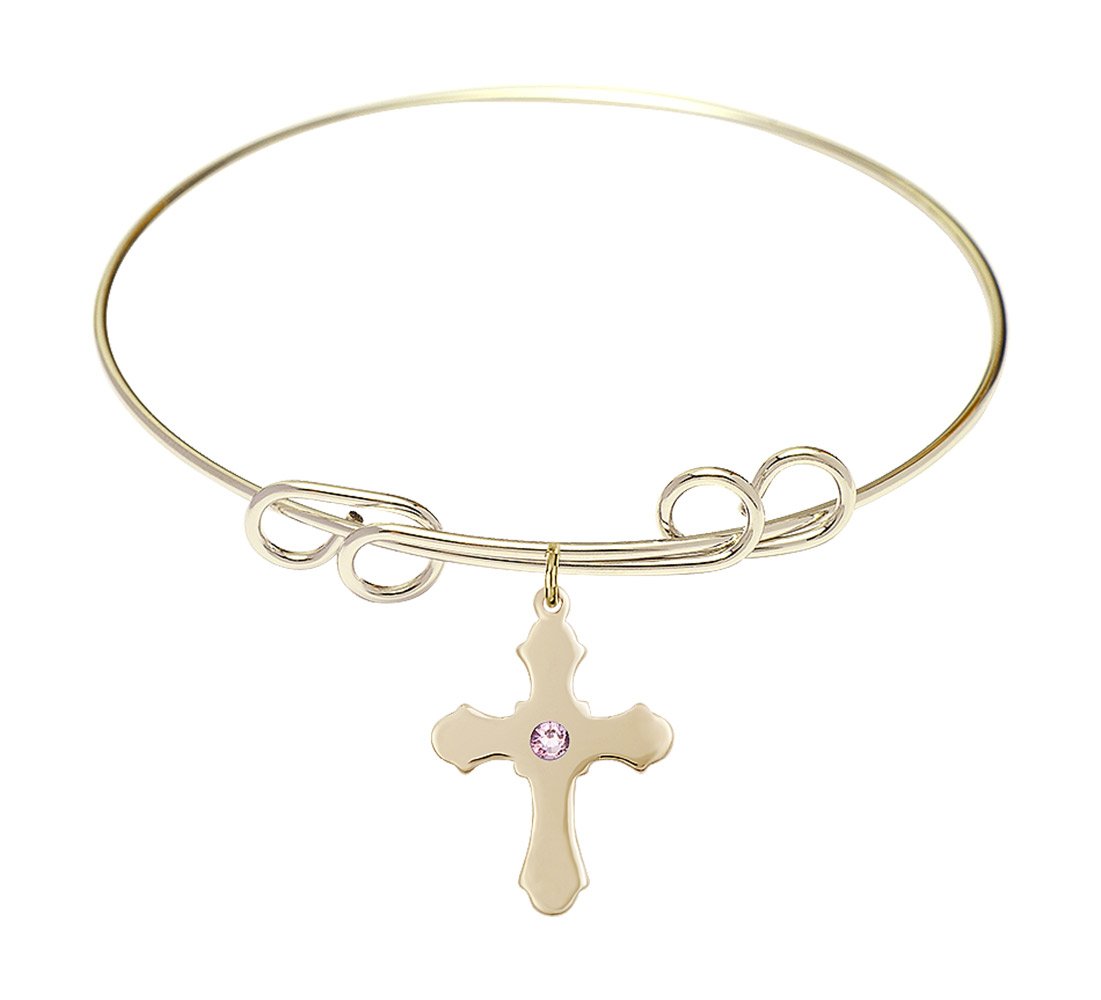 8 Inch Round Double Loop Bangle Bracelet with Cross Medal Charm & Light Purple Crystal - Elegant Jewelry for Women, Perfect for Church, Weddings, and Special Occasions