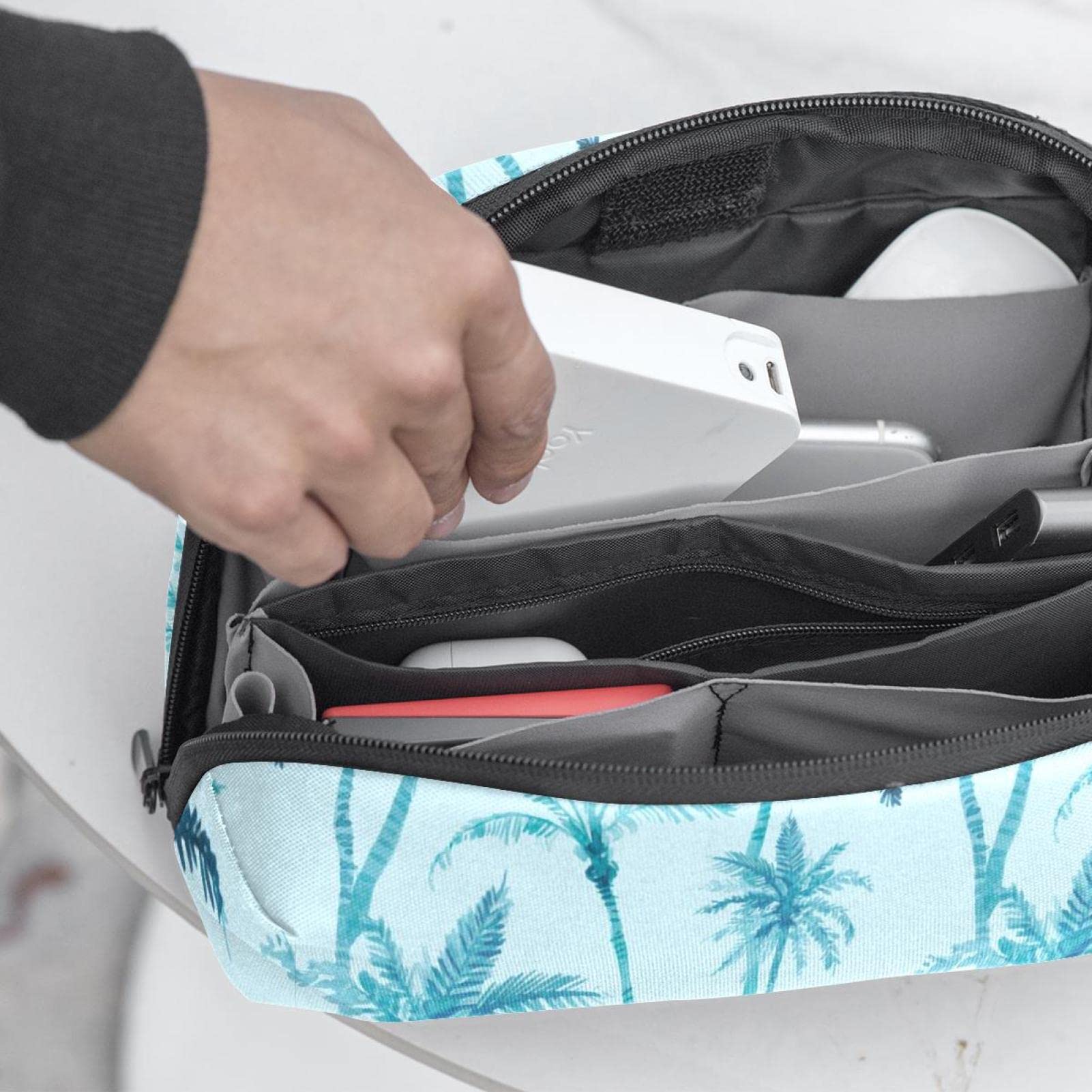 Large Waterproof Makeup Bag with Zipper - Travel Cosmetic Organizer for Women & Girls, Blue Coconut Tree Tropical Design - Perfect for Summer Travel, Beach Trips & Daily Beauty Storage