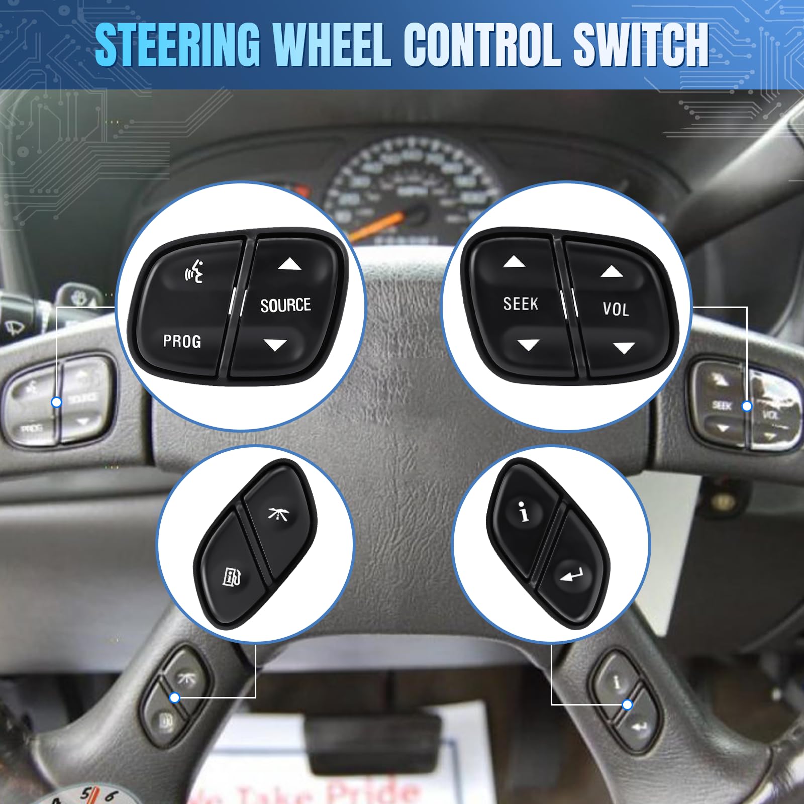 LCWRGS Steering Wheel Control Switch Button Compatible with 2003-2009 Chevy Silverado Suburban Tahoe, GMC Sierra Yukon Envoy, Cadillac Escalade - Replaces Part #21997738, 21997739, 1999442, 1999443 | Perfect for Easy Audio and Cruise Control Operation While Driving