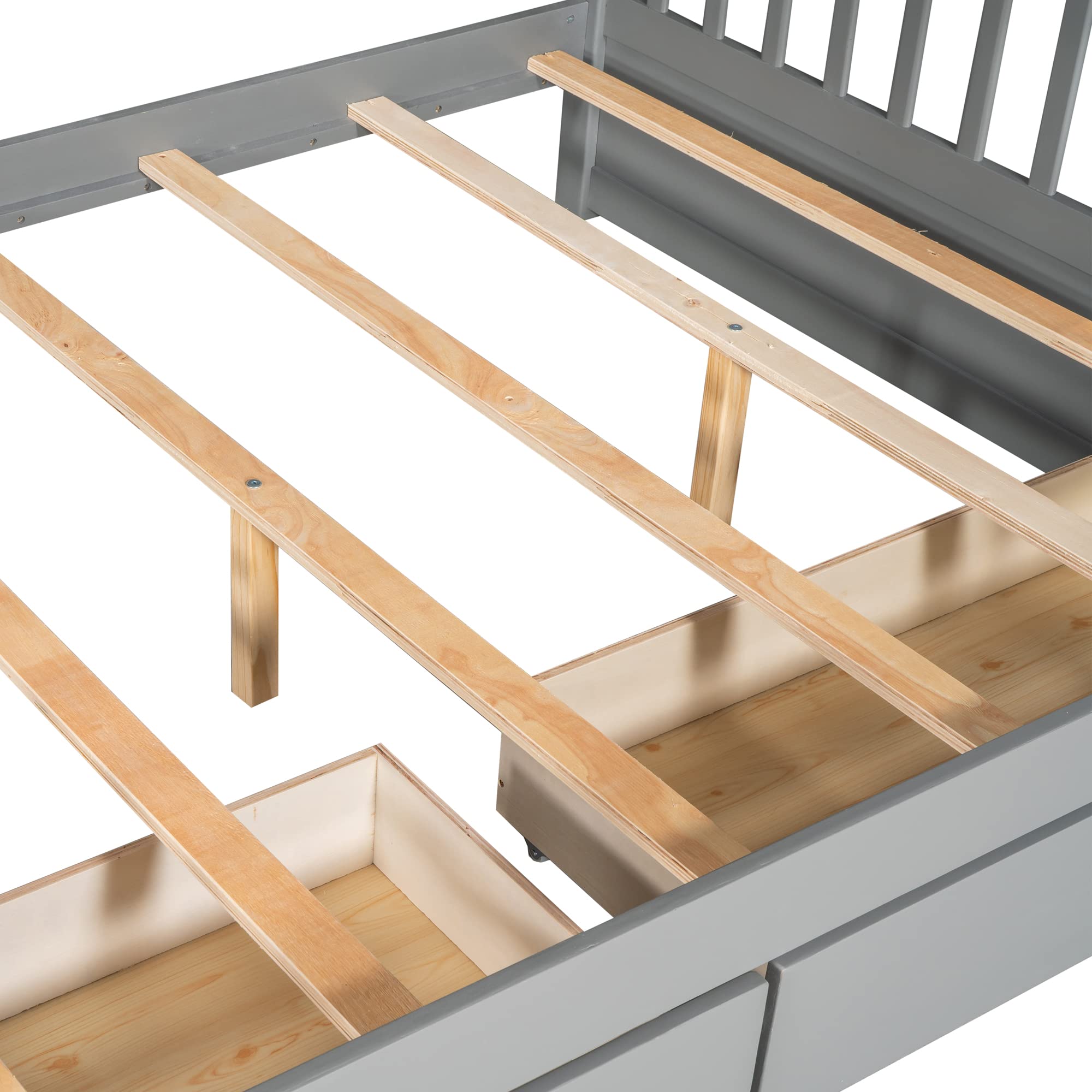 Harper & Bright Designs Full Over Full Bunk Bed with 2 Drawers - Solid Wood Platform Bed with Ladder, Full Length Guardrail & Headboard - No Box Spring Needed - Grey - Space Saving Kids Bedroom Furniture for Siblings or Sleepovers