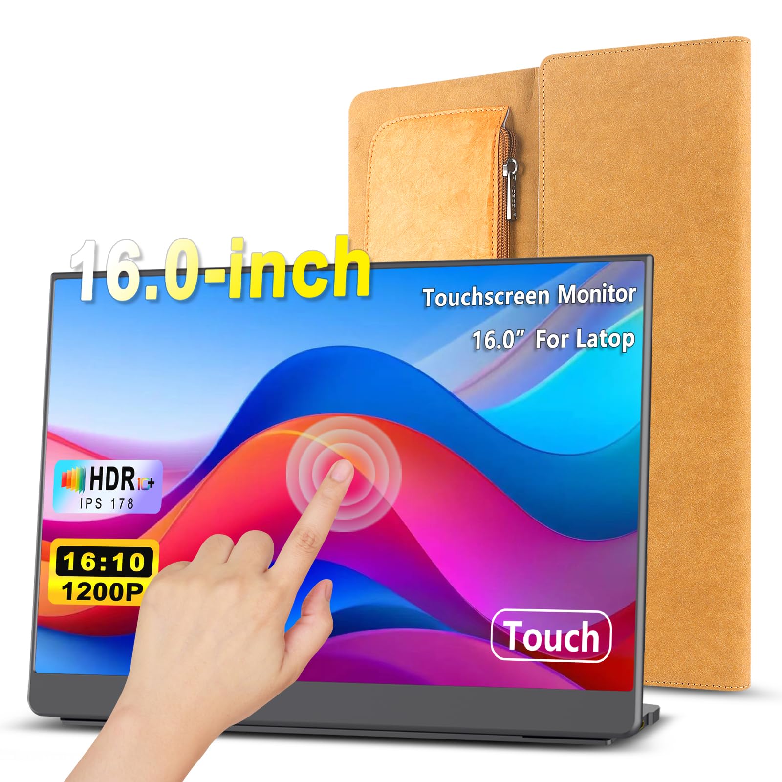 Upgraded 16:10 16 Inch Touchscreen Portable Monitor - 1200P IPS Touch External Display for Laptop, MacBook & Mini PC - Ultra Slim Travel Second Screen with Folding Stand - Perfect for Gaming, Work & Business Travel