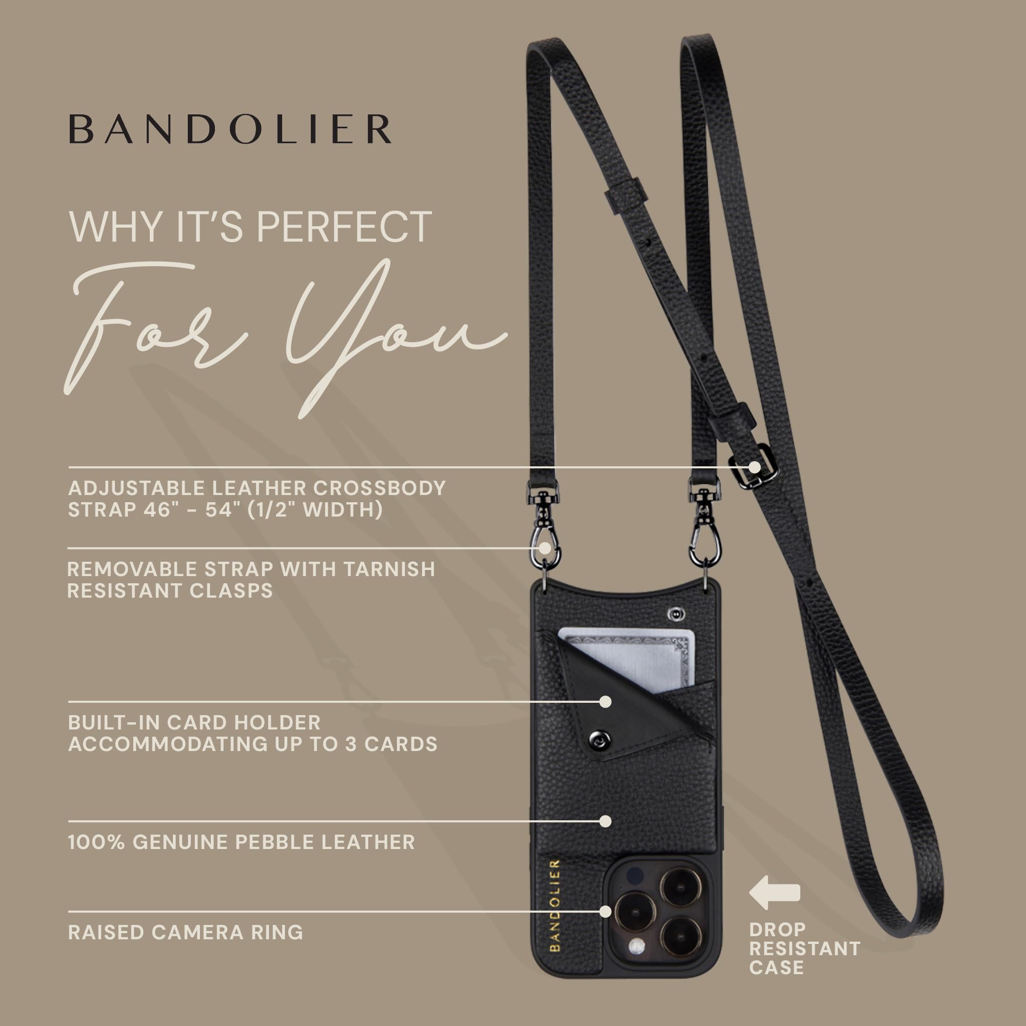**Genuine Pebble Leather Bandolier Emma Crossbody Wallet Phone Case for iPhone 16 Pro – Adjustable & Removable Strap, Card Holder with Snap Closure (Black & Pewter Hardware) – Perfect for Travel, Shopping & Everyday Use**