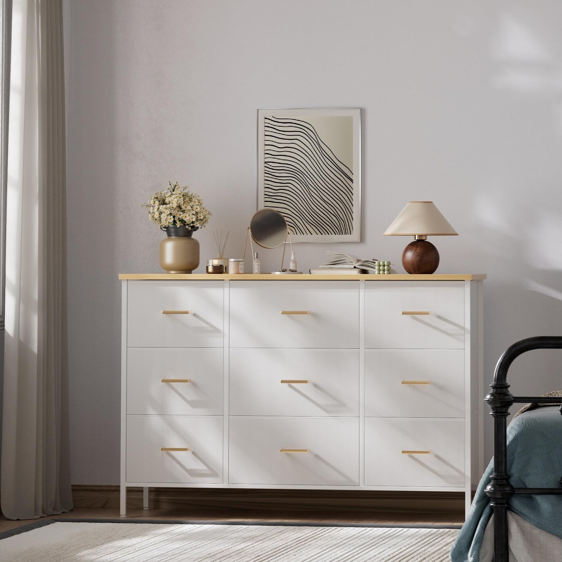 Modern Wide TV Stand with 9 Drawers - White Fabric Storage Cabinet for Bedroom, Living Room & Nursery | TV Console, Dresser & Closet Organizer for Home Entertainment & Storage Solutions