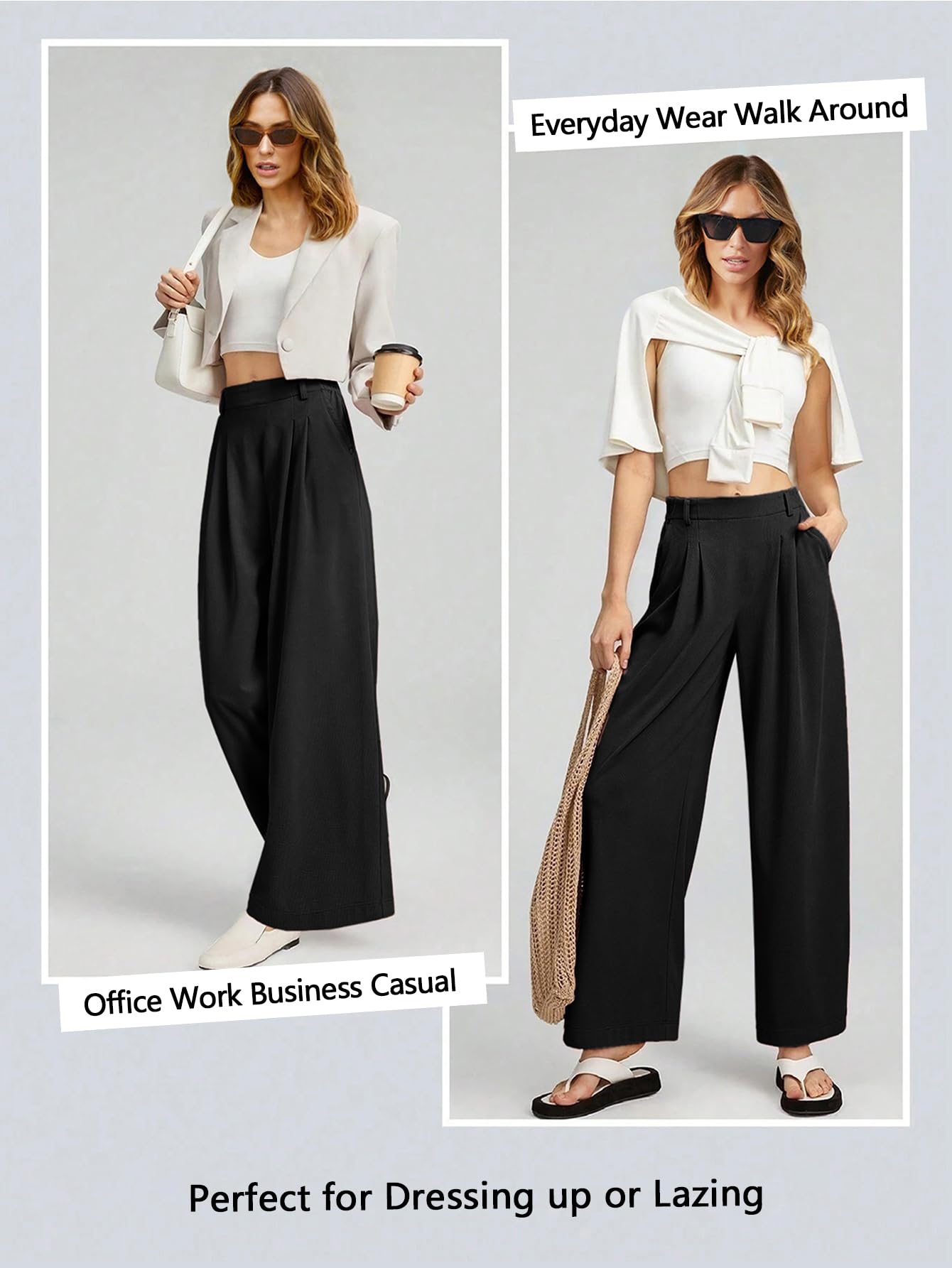 EVALESS Women's High Waisted Wide Leg Palazzo Pants - Stretchy Elastic Waistband, Waffle Knit Texture, Casual Comfort with Pockets | Perfect for Work, Travel & Lounge Wear