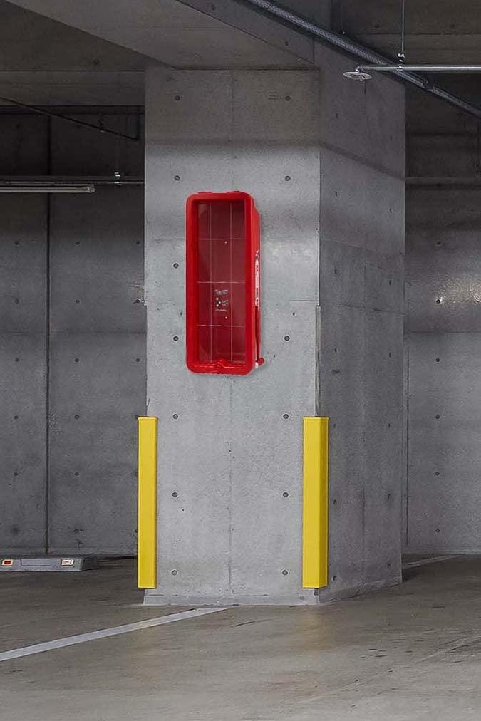 10 lb. Red Surface-Mounted Fire Extinguisher Cabinet with Hammer - Wall Mounted Safety Storage for Home, Garage & Outdoor Use - Fire Protection Equipment for Emergency Preparedness