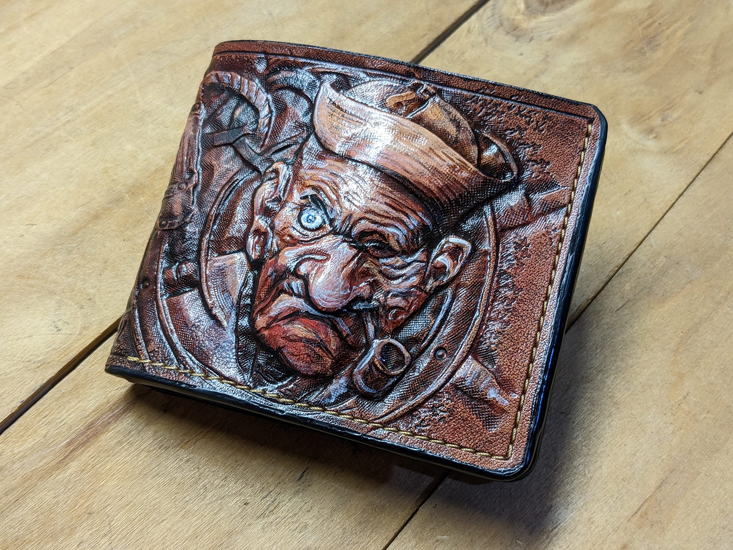 Handcrafted 3D Genuine Leather Anchor & Ship Wheel Wallet for Men - Custom Biker Wallet with Airbrush Art & Carved Design - Perfect for Motorcycle Riders, Nautical Enthusiasts & Unique Gift Giving