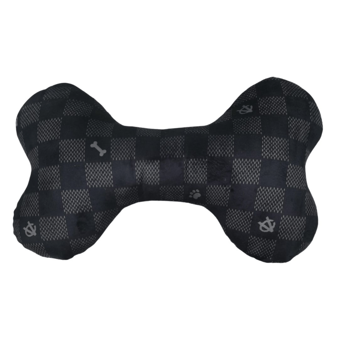 Black and White Checkered Chewy Louis Vuitton Inspired Plush Dog Bone Toy - Durable Pet Chew Toy for Small & Medium Dogs, Perfect for Teething Puppies and Playtime