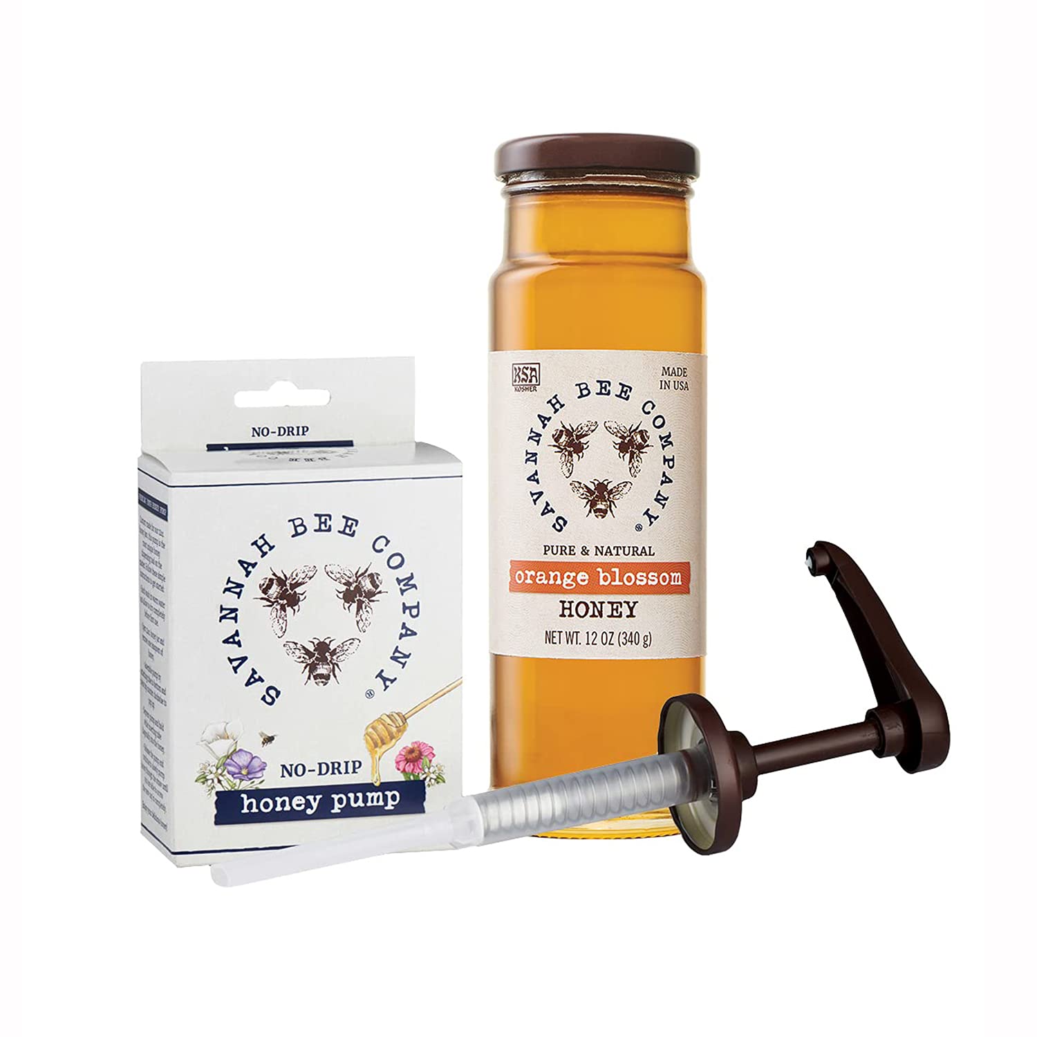 Savannah Bee Orange Blossom Honey with Pump - 12oz Pure Natural Raw Honey | Smooth Spreadable Delicious Honey for Tea, Toast, Yogurt & Baking | Glass Bottle with Dispenser
