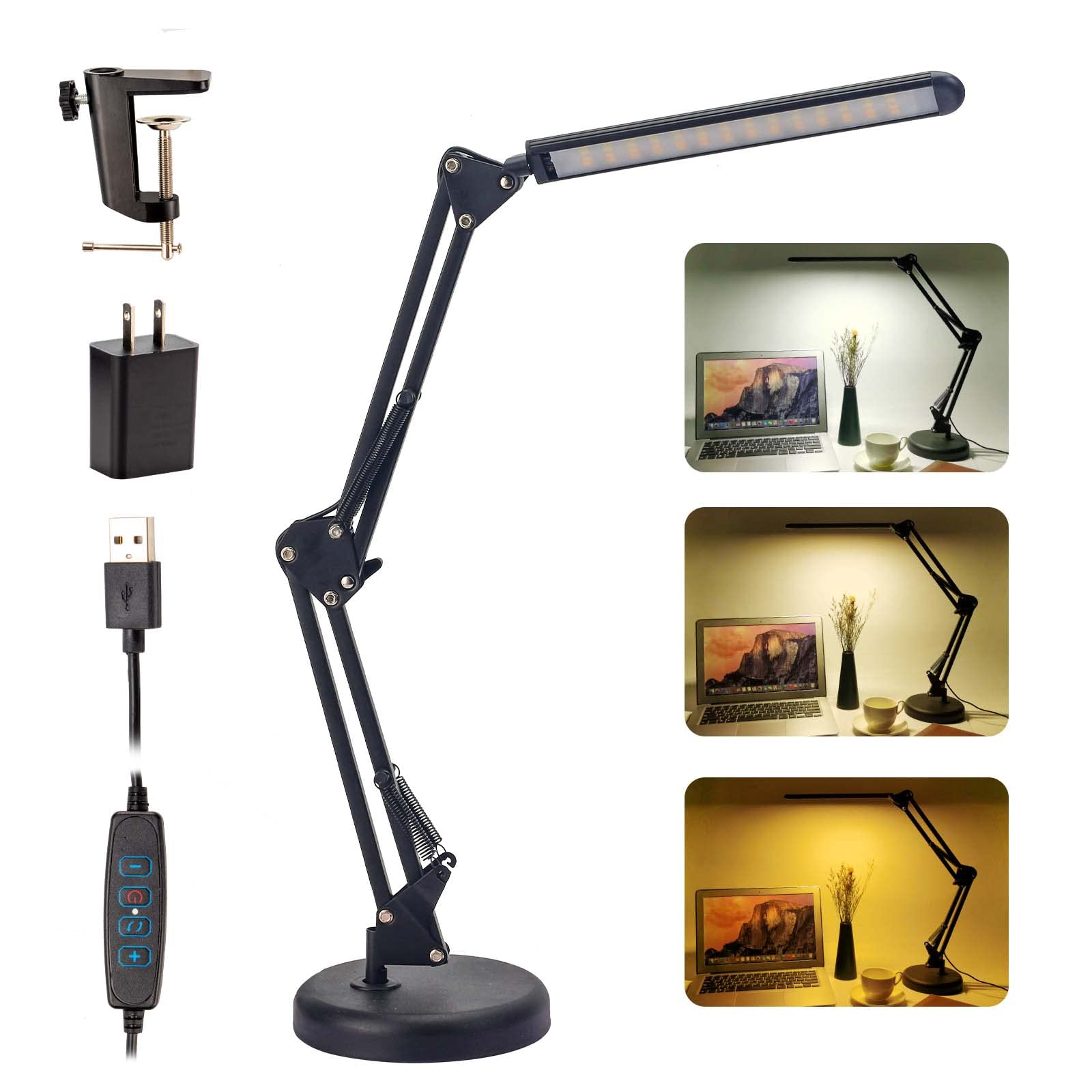 LED Desk Lamp with USB Port - Adjustable Swing Arm, 3 Color Modes & 9 Brightness Levels, Eye-Caring Dimmable Reading Light for Home Office, Study, and Workstation