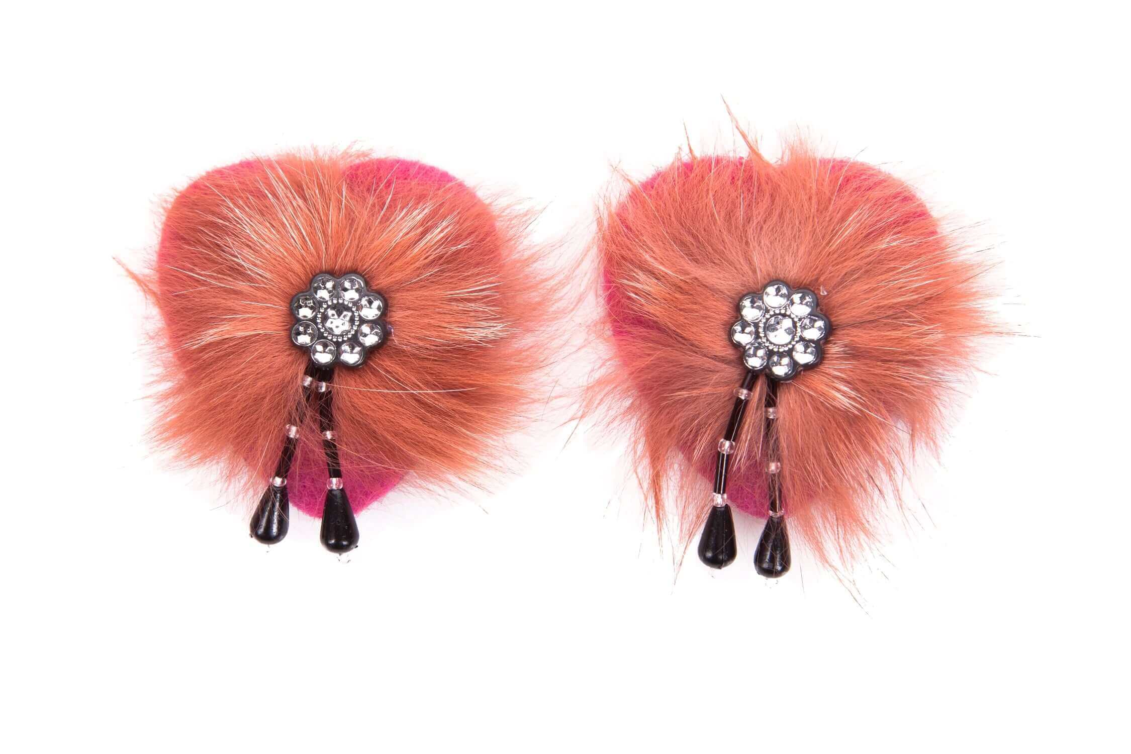 Burnt Orange Faux Fur Diamonte Nipple Tassels - Sexy Burlesque Accessories for Bachelorette Parties & Adult Performances