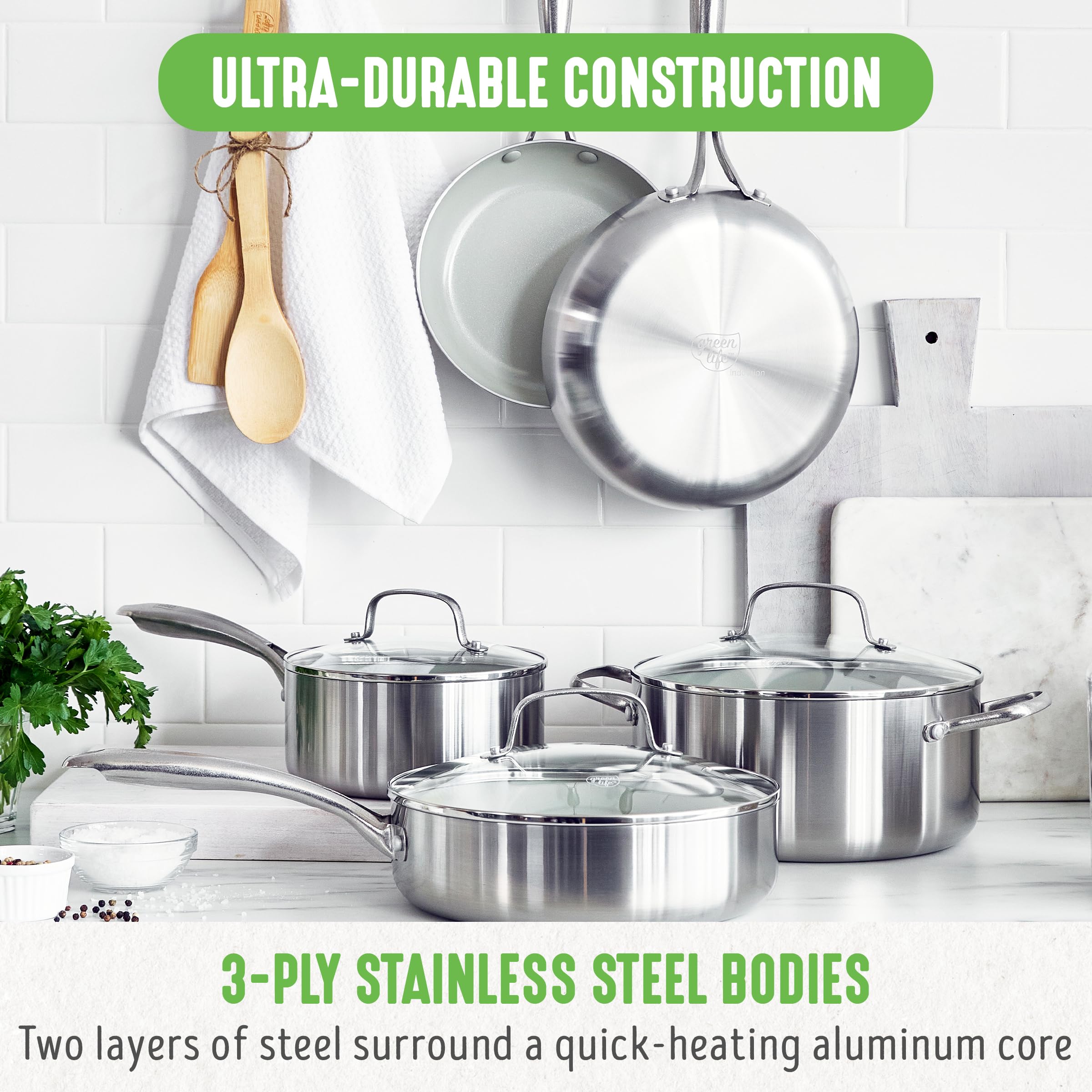 GreenLife Tri-Ply Stainless Steel Healthy Ceramic Nonstick Cookware Set - 10 Piece Pots and Pans, PFAS-Free, Multi-Clad, Induction Compatible, Dishwasher & Oven Safe (Silver) - Perfect for Healthy Cooking, Frying, Baking & Meal Prep in Modern Kitchens