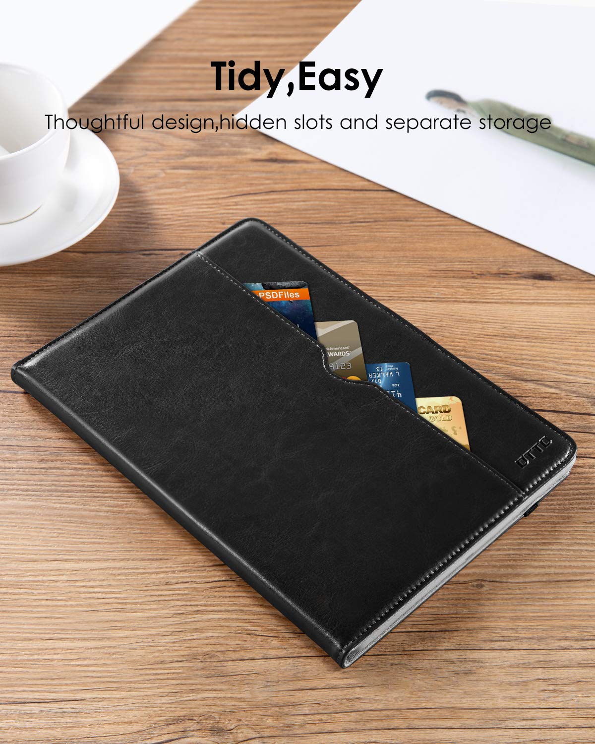 Premium Leather iPad 9.7 Inch Case (5th/6th Gen 2018/2017) with Apple Pencil Holder & Folio Stand - Compatible with iPad Pro 9.7/Air 2/Air - Black - Perfect for Work, Study & Travel Protection