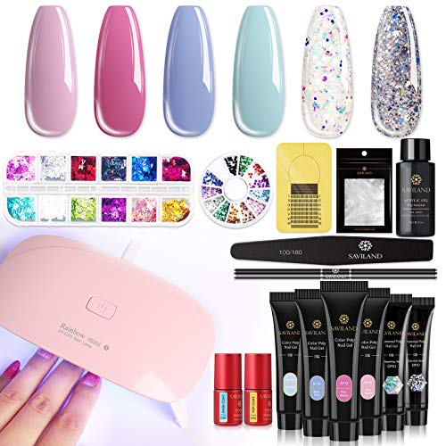 Saviland Poly Nail Gel Kit - All-in-One Builder Gel with Glitter, Nail Dryer & Extension Gel | Professional Nail Enhancement Starter Kit for Beginners | Perfect for Salon, Home Manicure & DIY Nail Art