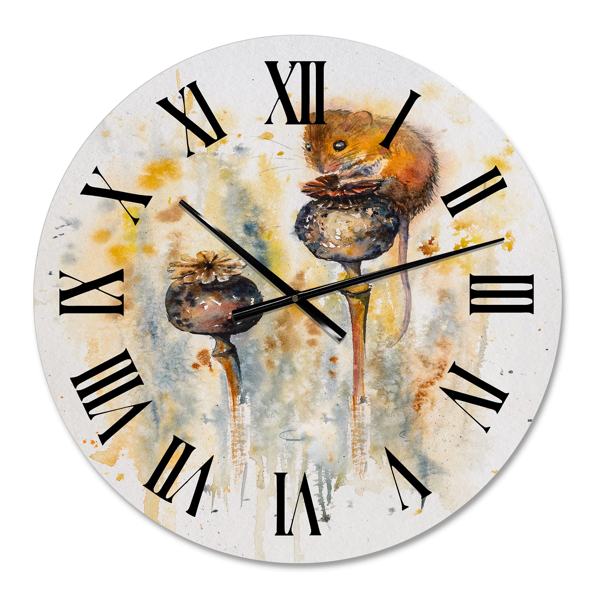 DesignQ Traditional Large Wall Clock - Mouse Sitting On Poppies, Animal Theme Home & Office Decor - Perfect for Living Room, Bedroom, Kitchen, and Workspace