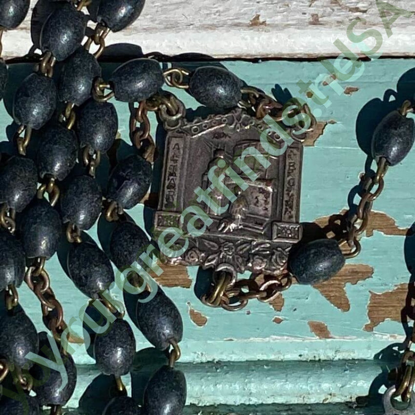 Vintage Charcoal Gray Beaded Rosary Necklace - Antique Patina Finish Catholic Prayer Beads for Religious Devotion & Spiritual Gifts