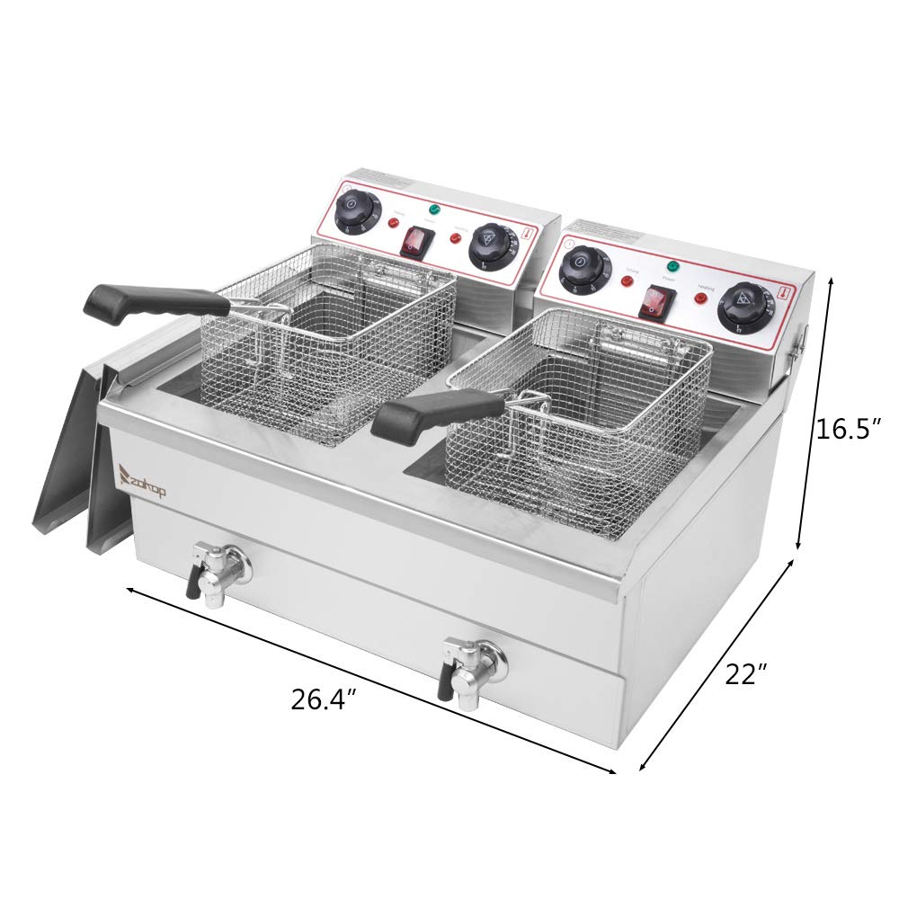3400W Commercial & Home Stainless Steel Double Tank Deep Fryer - 24.9QT/23.6L Large Capacity Electric Air Fryer with 8L Basket & Faucet (Dual Cylinder) - Perfect for Restaurants, Food Trucks & Family Gatherings