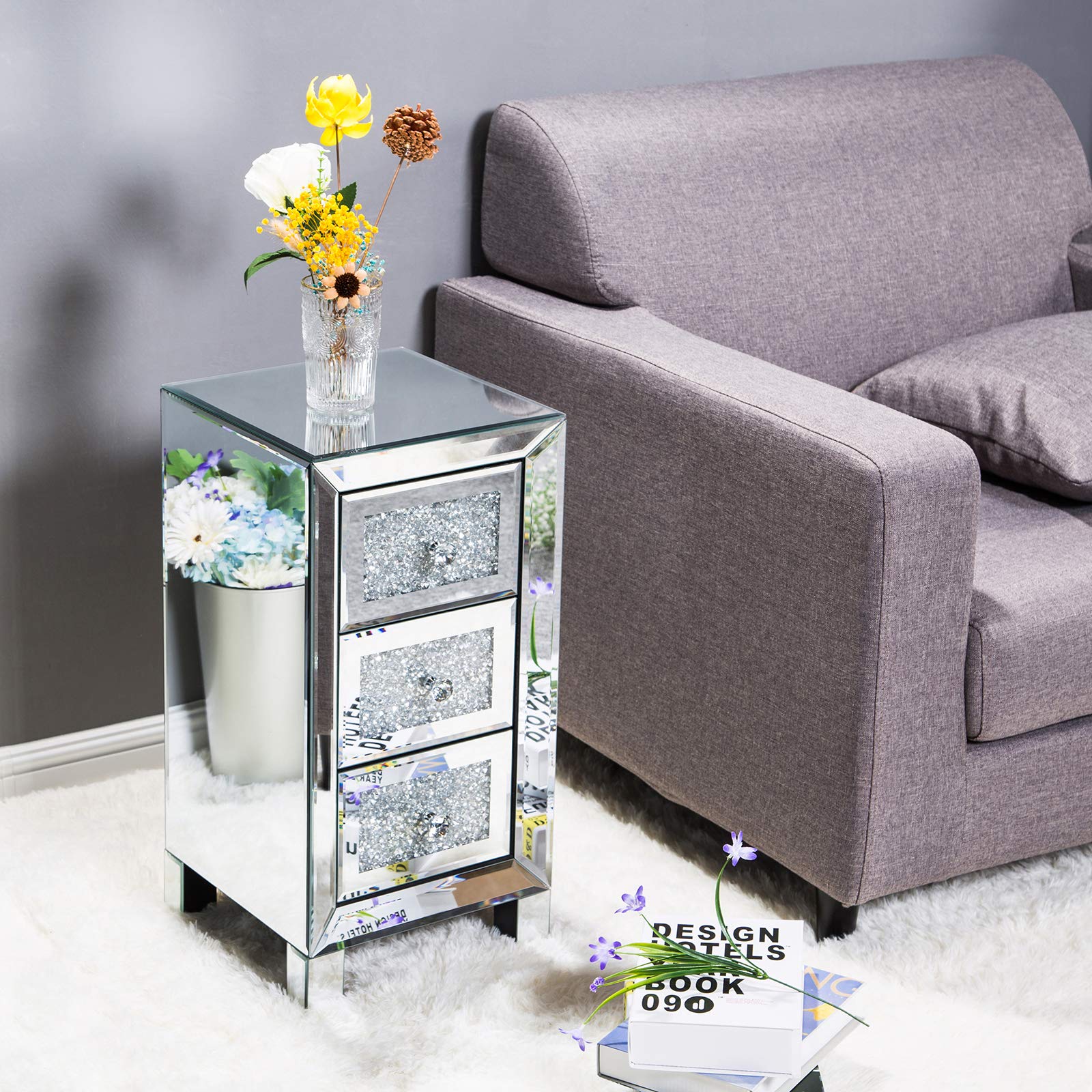 2-Pack Mirrored Nightstands with 3 Drawers - Silver Diamond Reflective Surface Bedside Tables with Crystal Knobs - Elegant Mirrored Wood Accent Tables for Bedroom, Living Room - Perfect for Modern Home Decor & Guest Room Setup